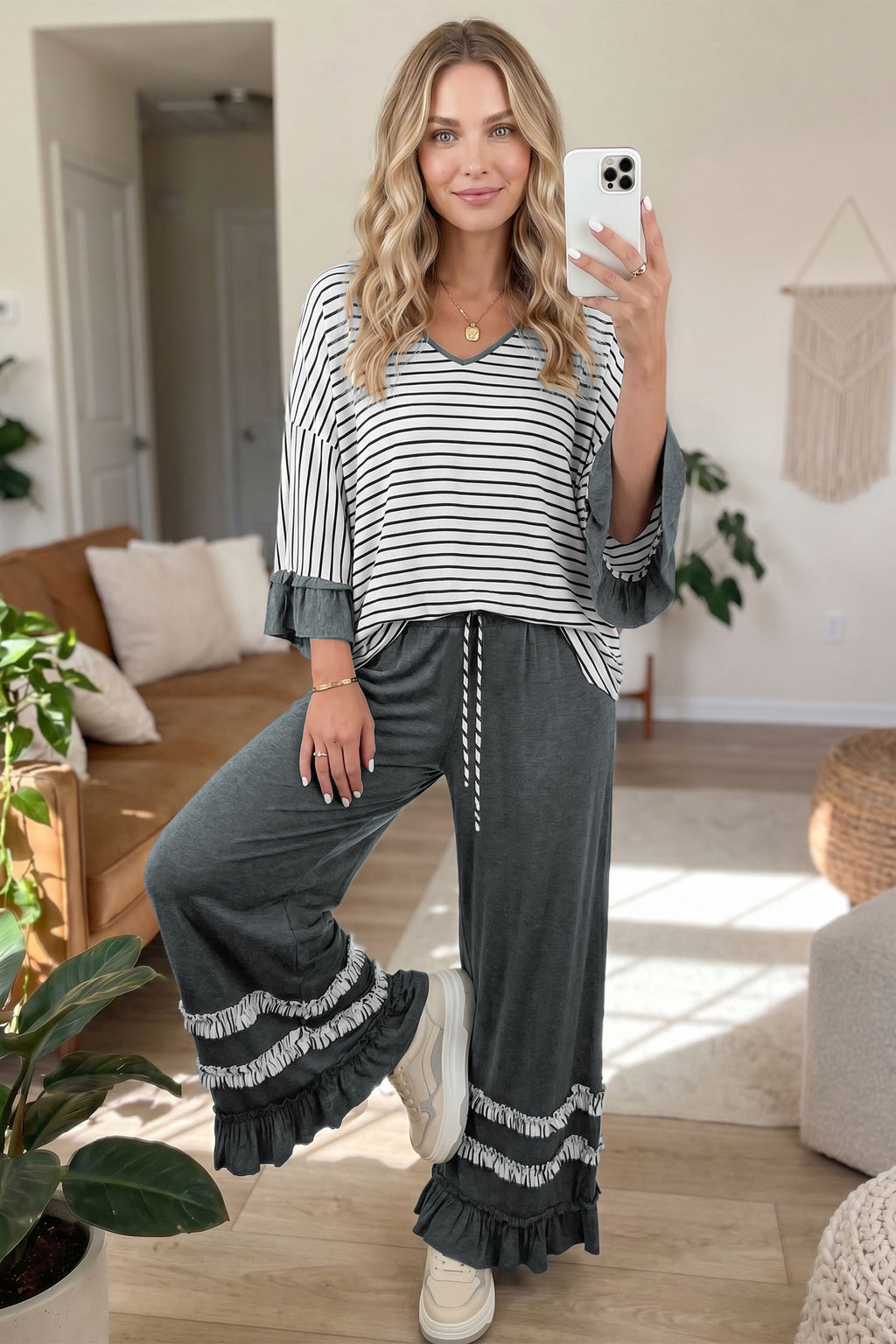 Gray Stripe V Neck Ruffle Contrast Sleeve Top Drawstring Pants 2pcs Set