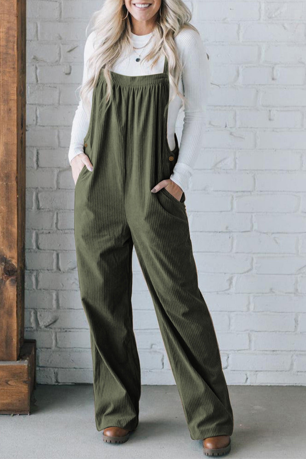 Jungle Green Button Adjustable Straps Solid Color Corduroy Jumpsuit