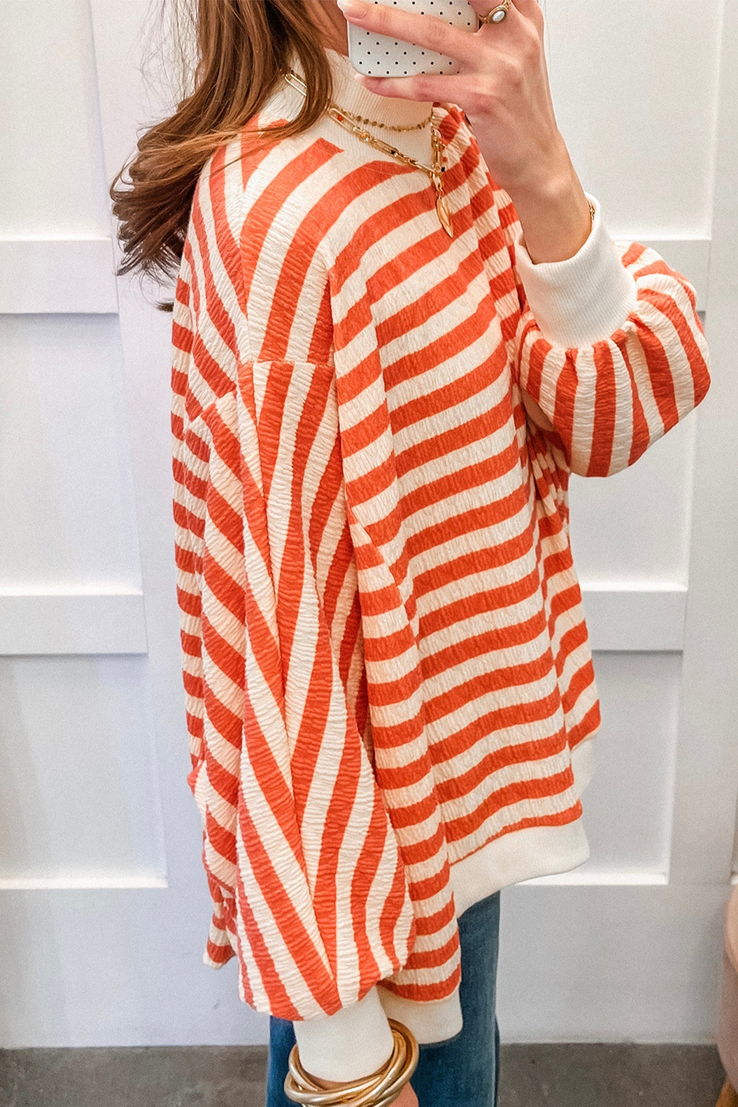 Orange Stripe Striped Textured Stand Neck Oversized Long Sleeve Top