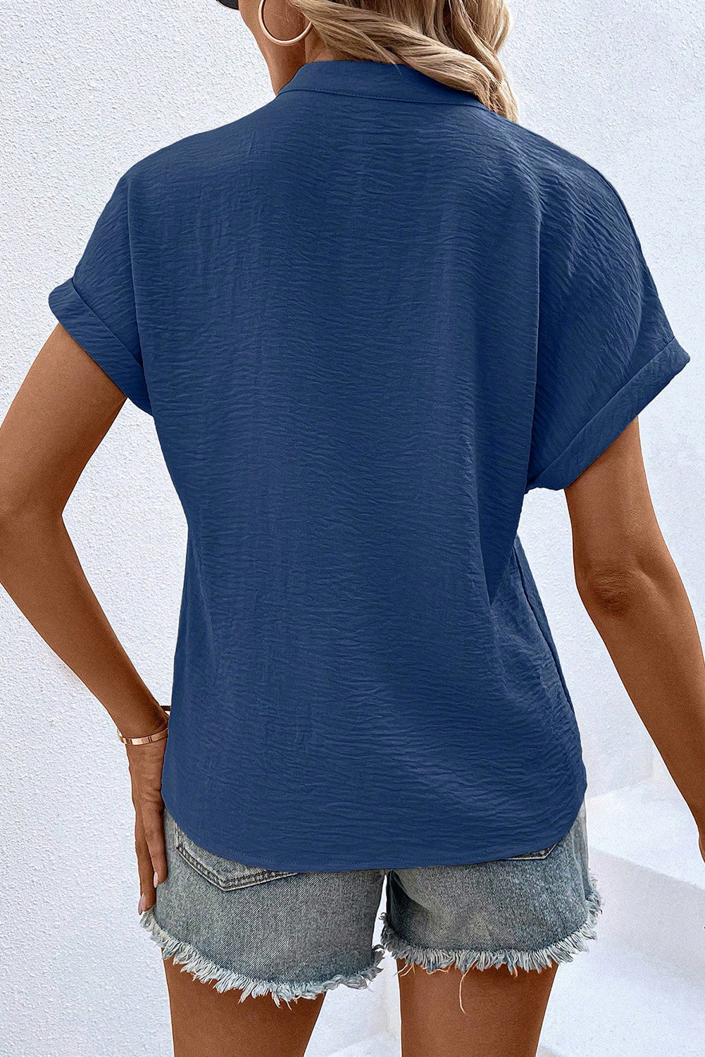 Sail Blue Notched Neck Batwing Sleeve Lightweight Blouse