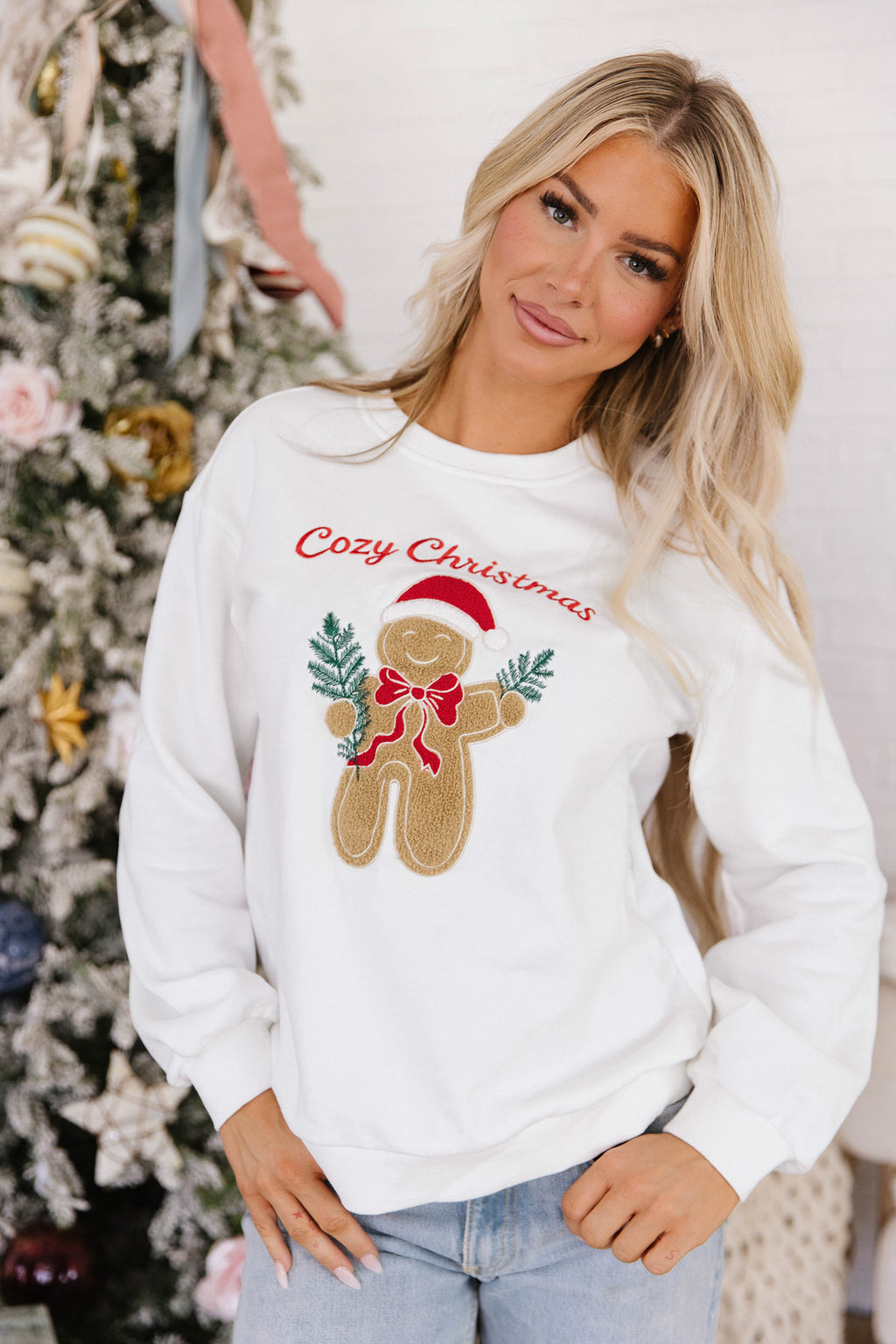 White Embroidered Gingerbread Cozy Christmas Long Sleeve Round Neck Pullover Sweatshirt