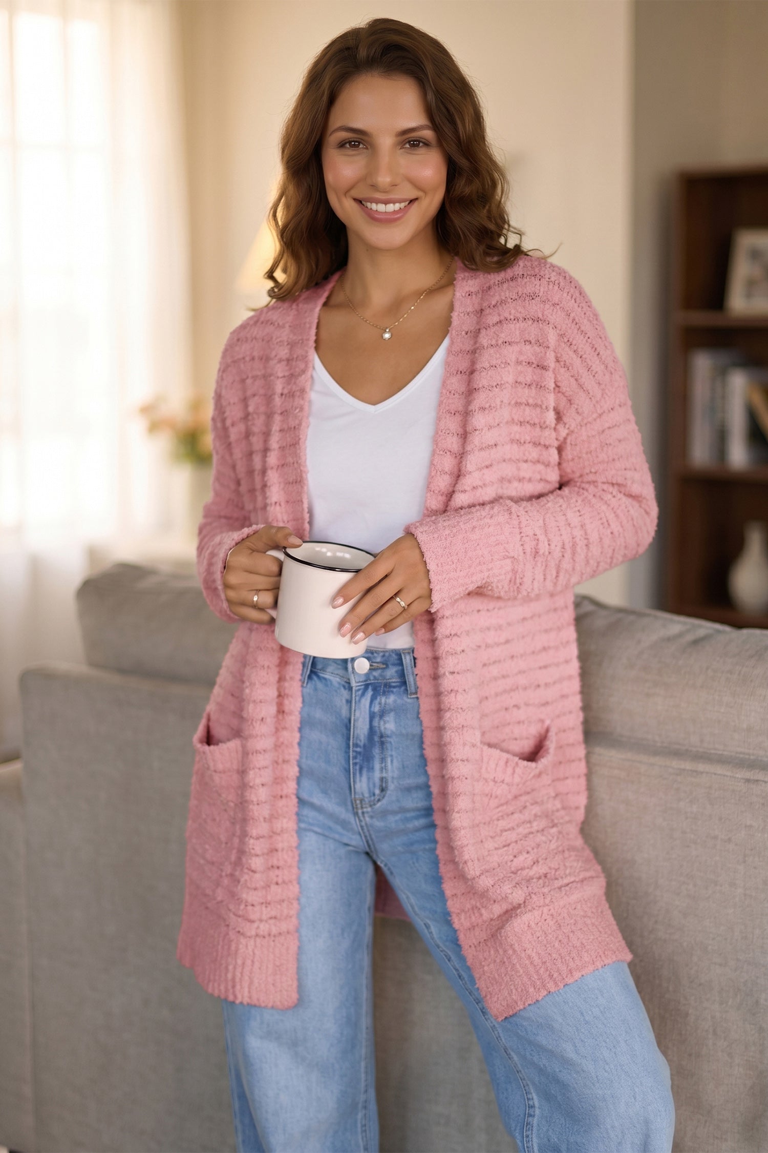 Light Pink Open Front Soft Fuzzy Ribbed Sweater Cardigan