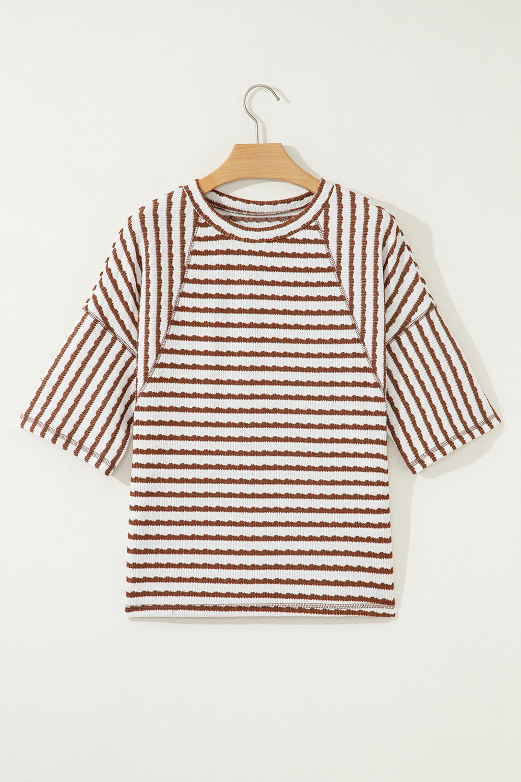 Brown Stripe Textured Knit Split Hem Half Sleeve Loose Top