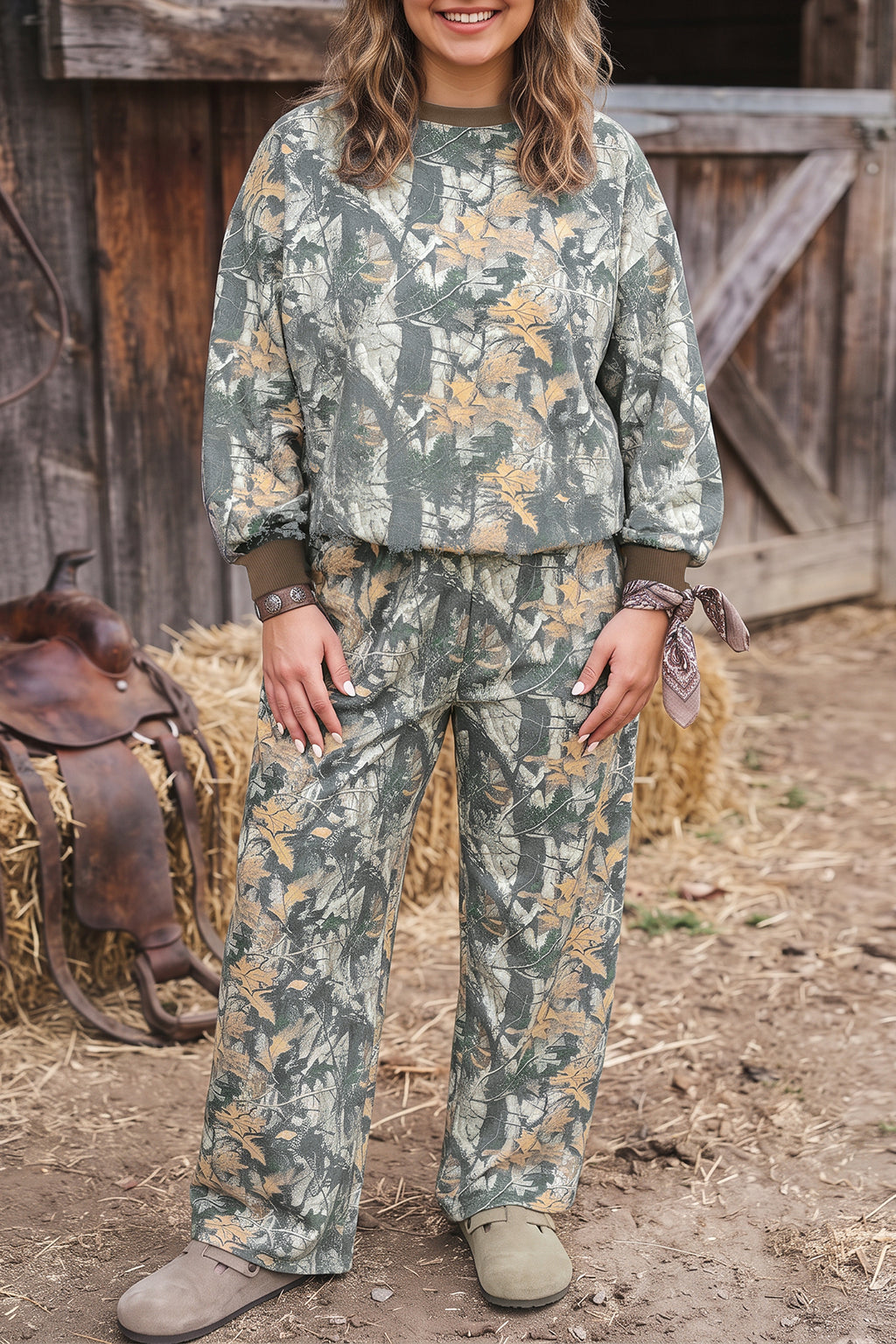 Brown Jungle Camouflage Print Ribbed Trim Long Sleeve Top Plus Size Pant Set