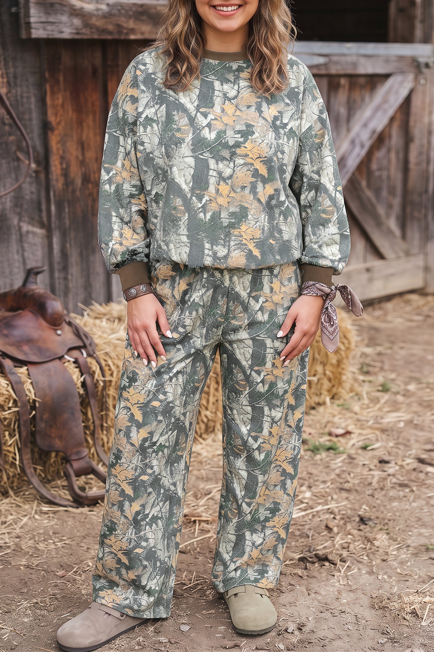 Brown Jungle Camouflage Print Ribbed Trim Long Sleeve Top Plus Size Pant Set