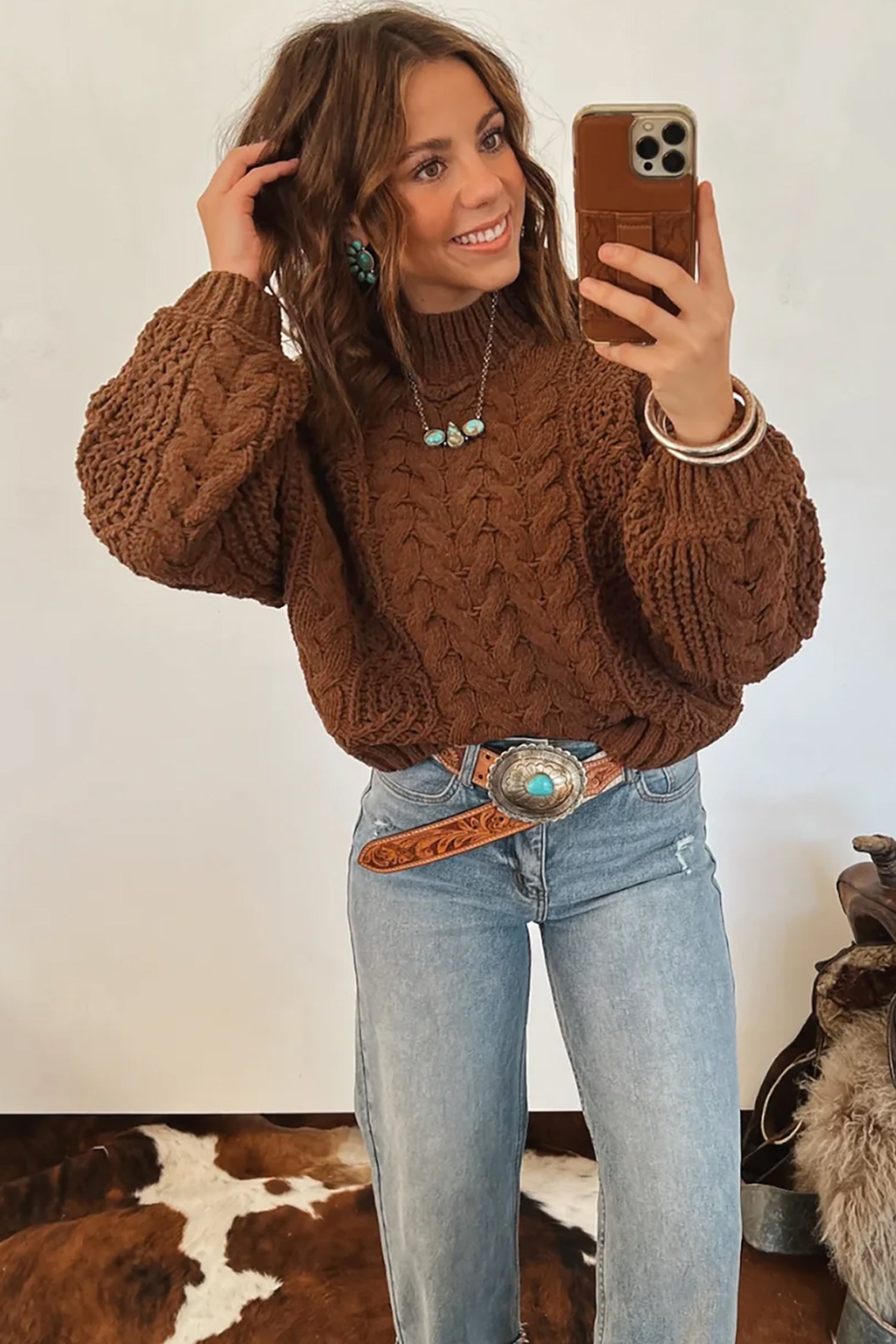 Coffee Solid Color Cable Knit High Neck Loose Pullover Sweater