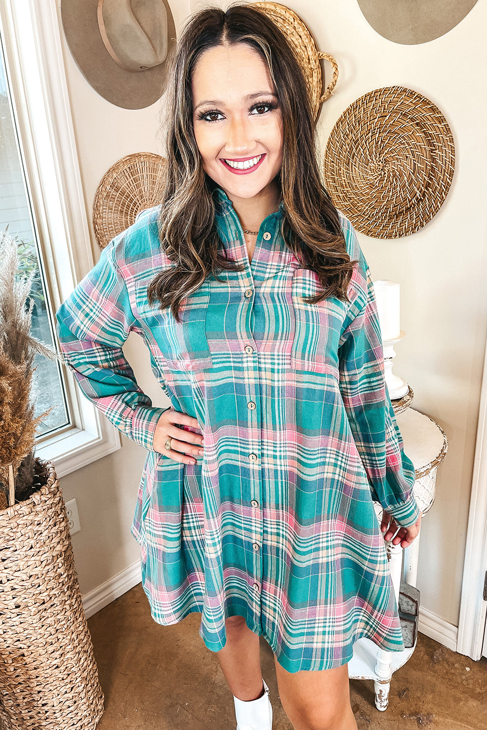 Green Plaid Button-Up Shift Long Sleeve V Neck Plus Size Dress