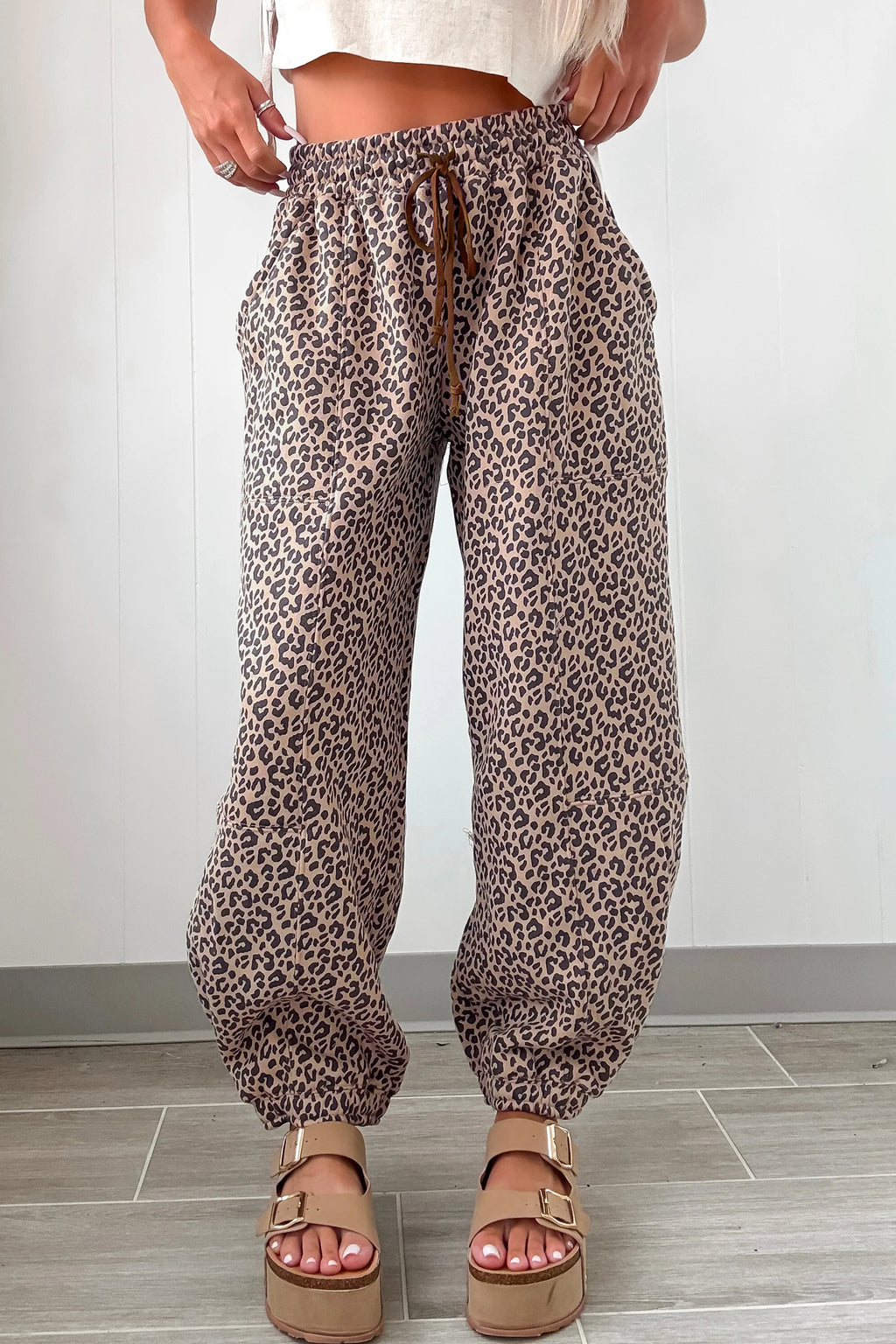 Khaki Leopard Print Elastic Waist Ankle Length Pants