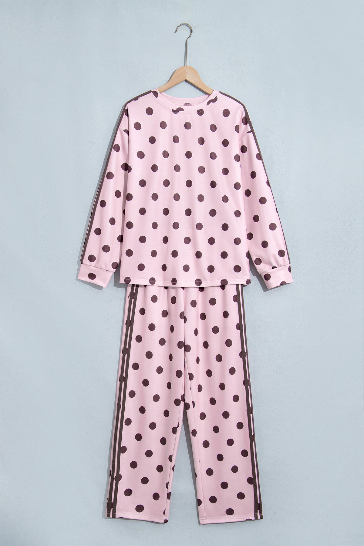 Pink Polka Dot Print Side Stripe Detail Long Sleeve Top Casual Pant Set