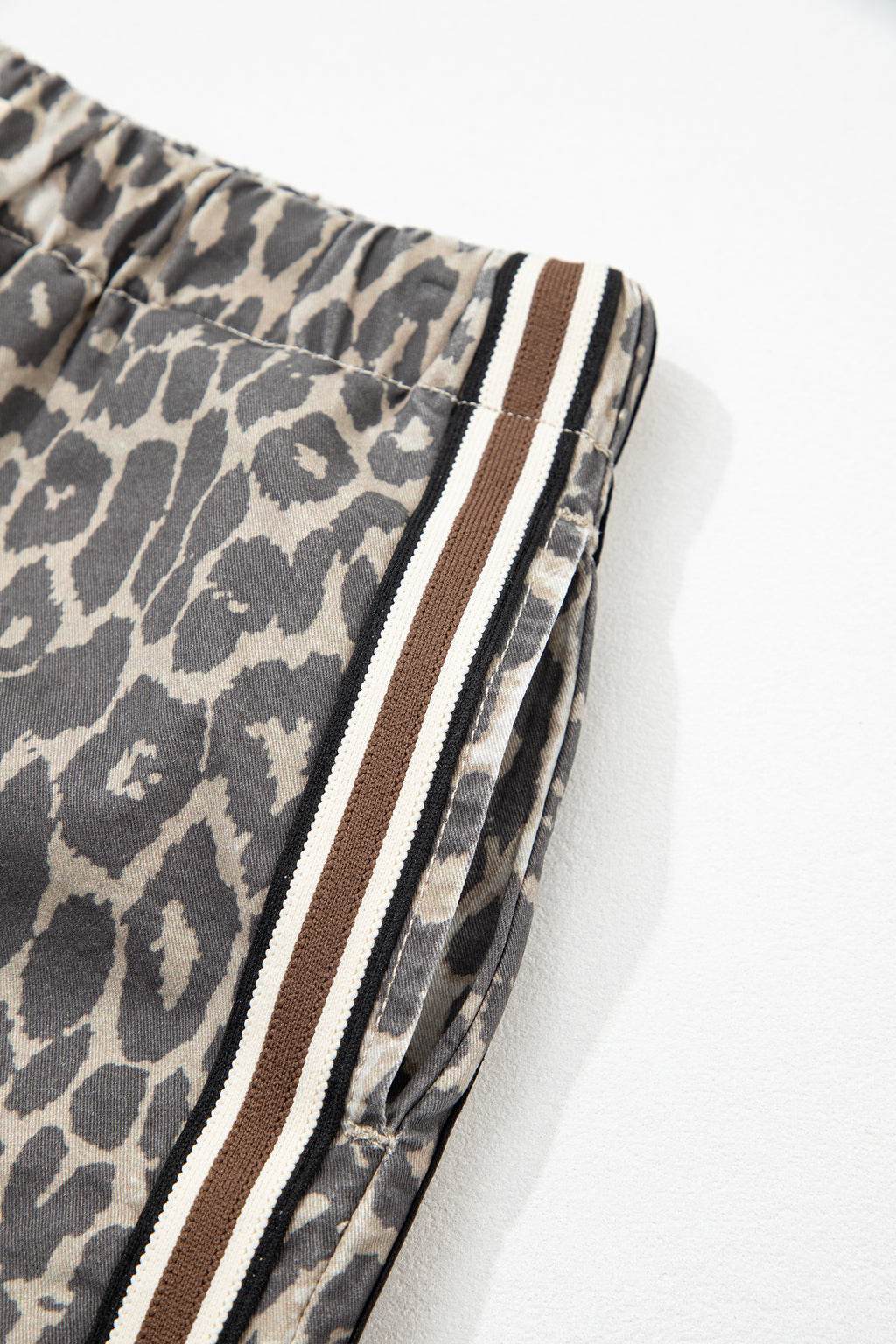 Multicolour Leopard Pattern Striped Detail Drawstring Denim Shorts