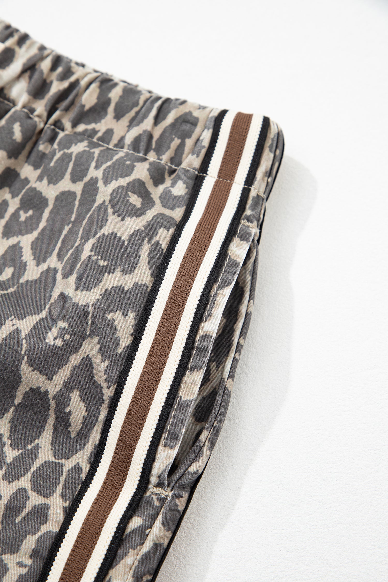 Multicolour Leopard Pattern Striped Detail Drawstring Denim Shorts