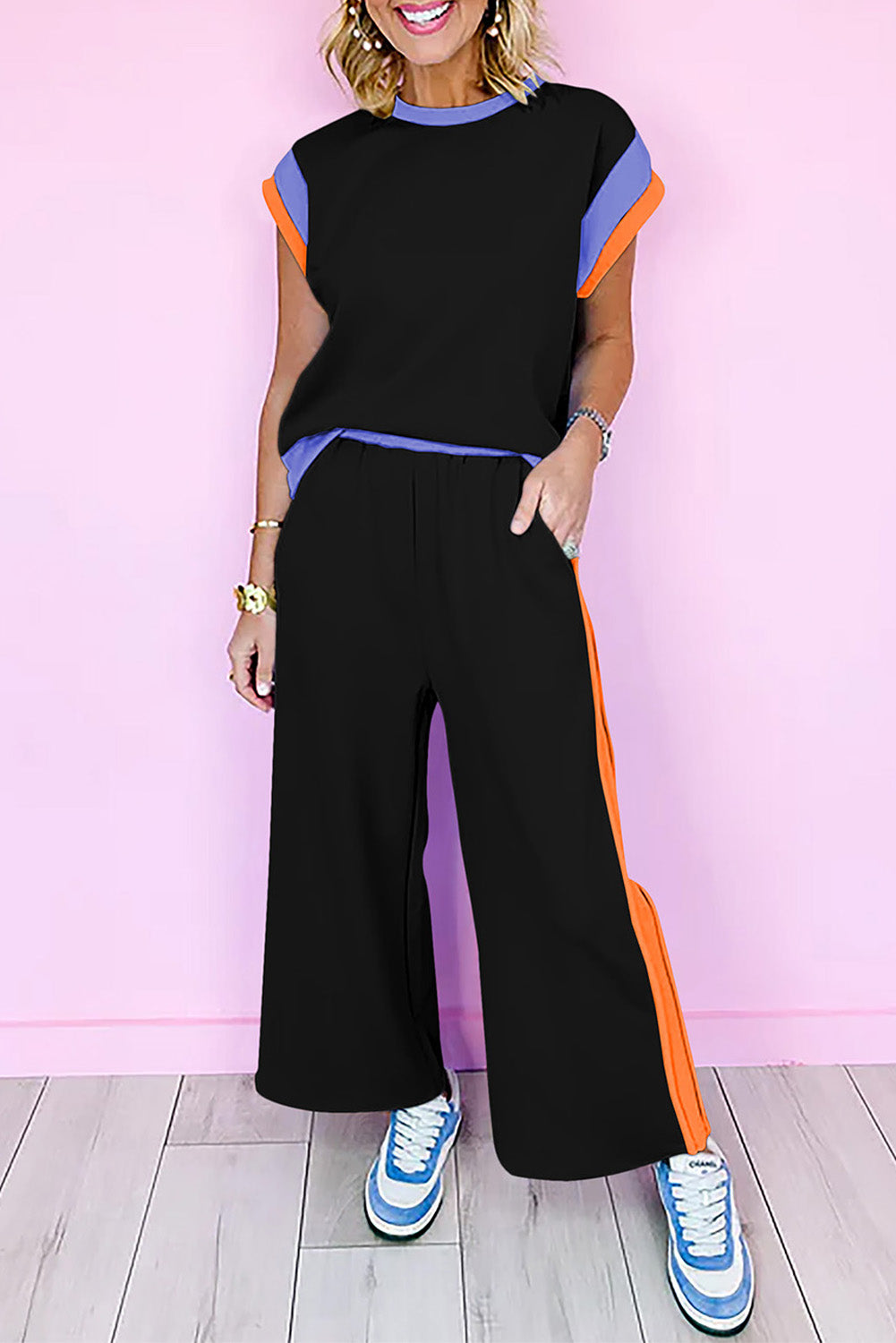 Sky Blue Color Block Detail Casual Two-piece Outfit