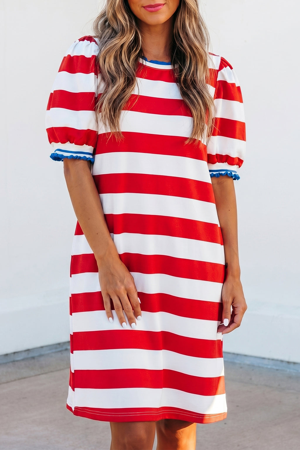 Red Stripe Contrast Trim Round Neck Short Puff Sleeve Shift Dress