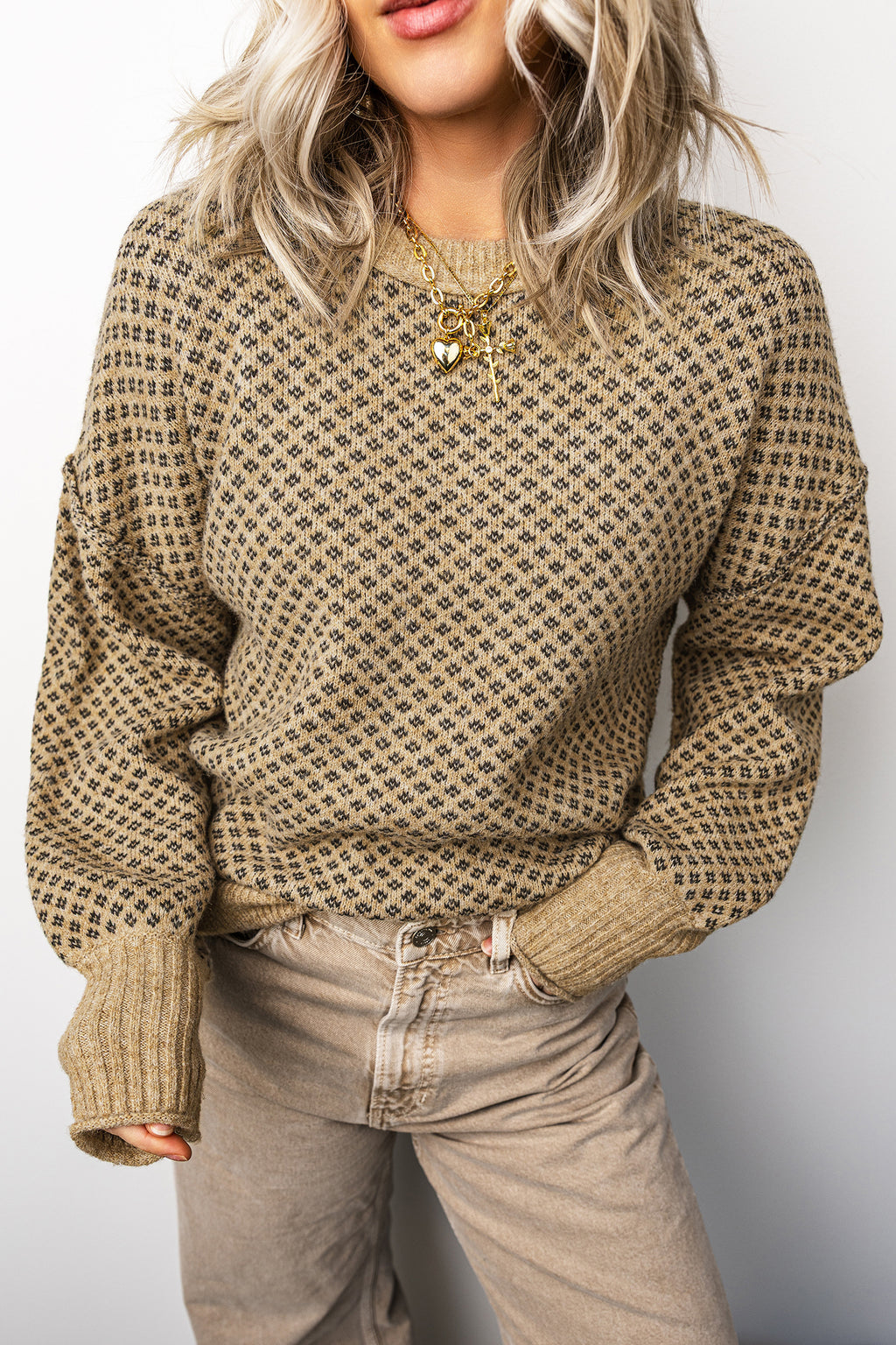 Khaki Geometric Print Drop Shoulder Round Neck Long Sleeve Sweater