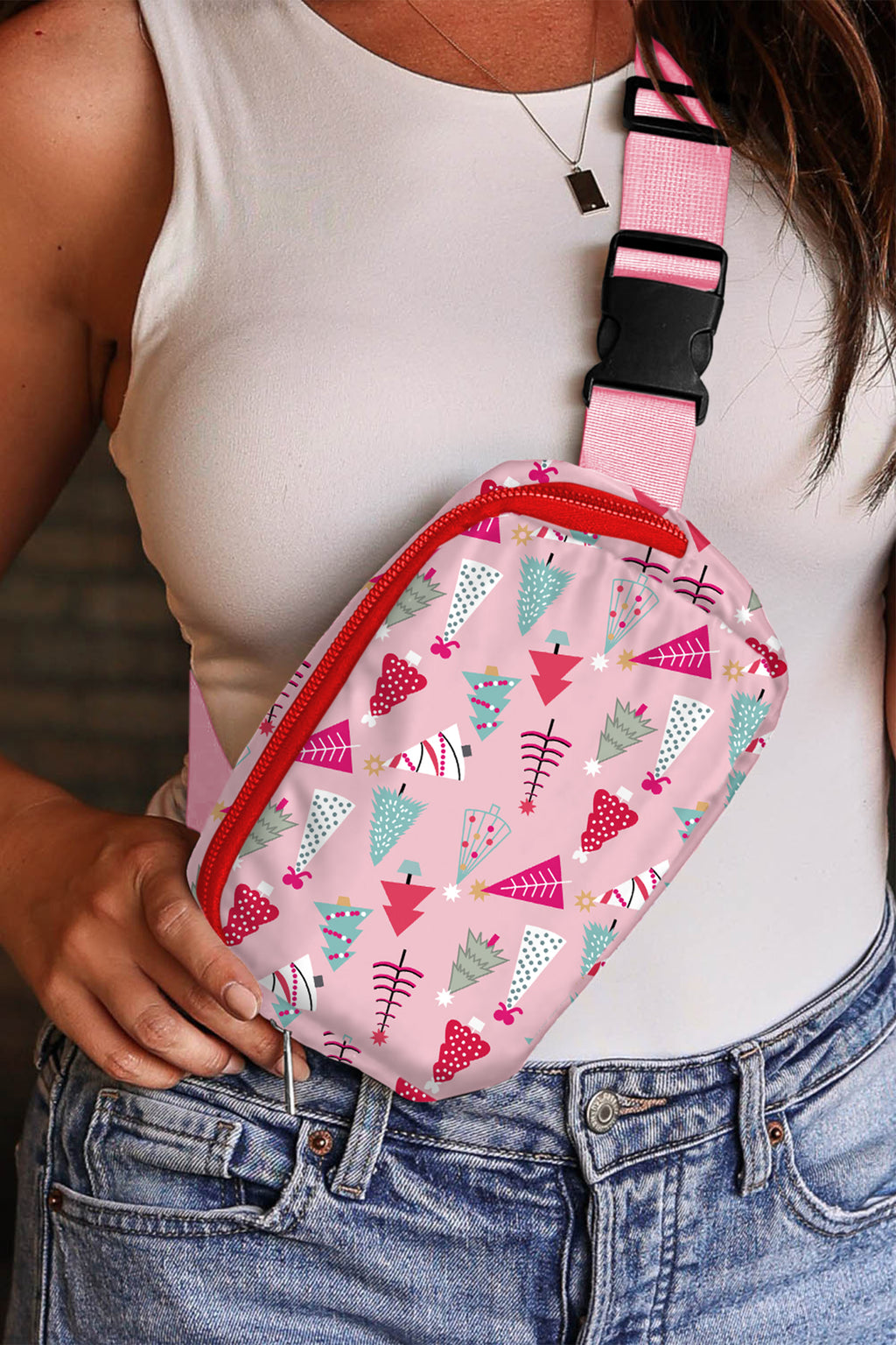 Pink Christmas Tree Print Buckle Wide Strap Sling Bag