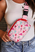 Pink Christmas Tree Print Buckle Wide Strap Sling Bag