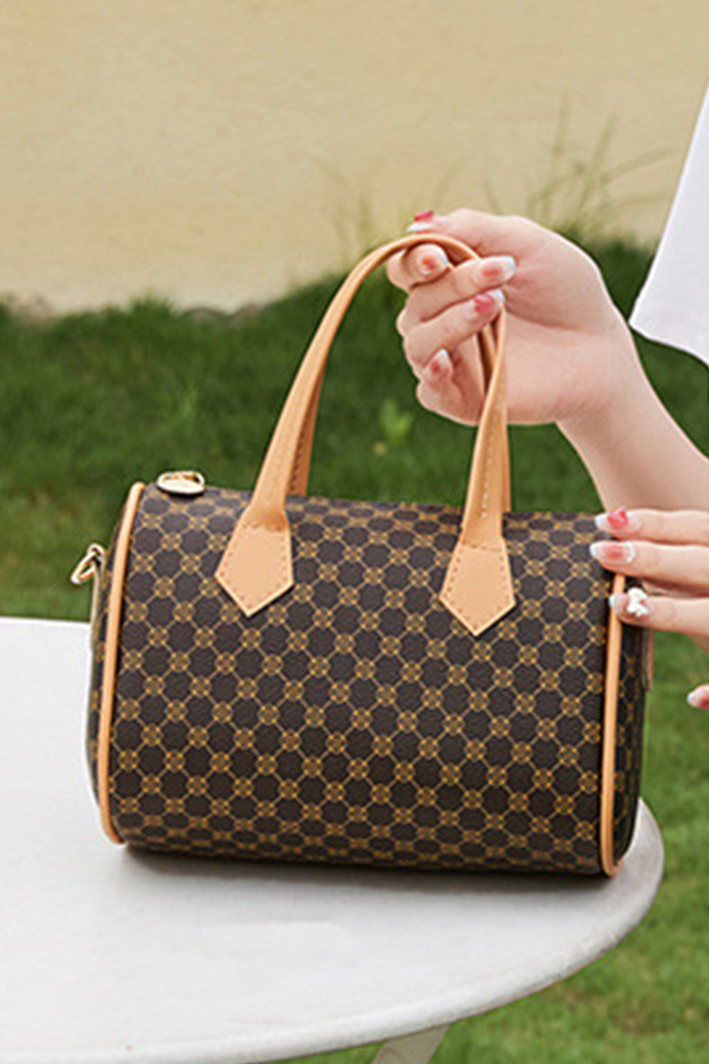 Coffee Retro Geometric Print Portable Shoulder Strap PU Leather Bag