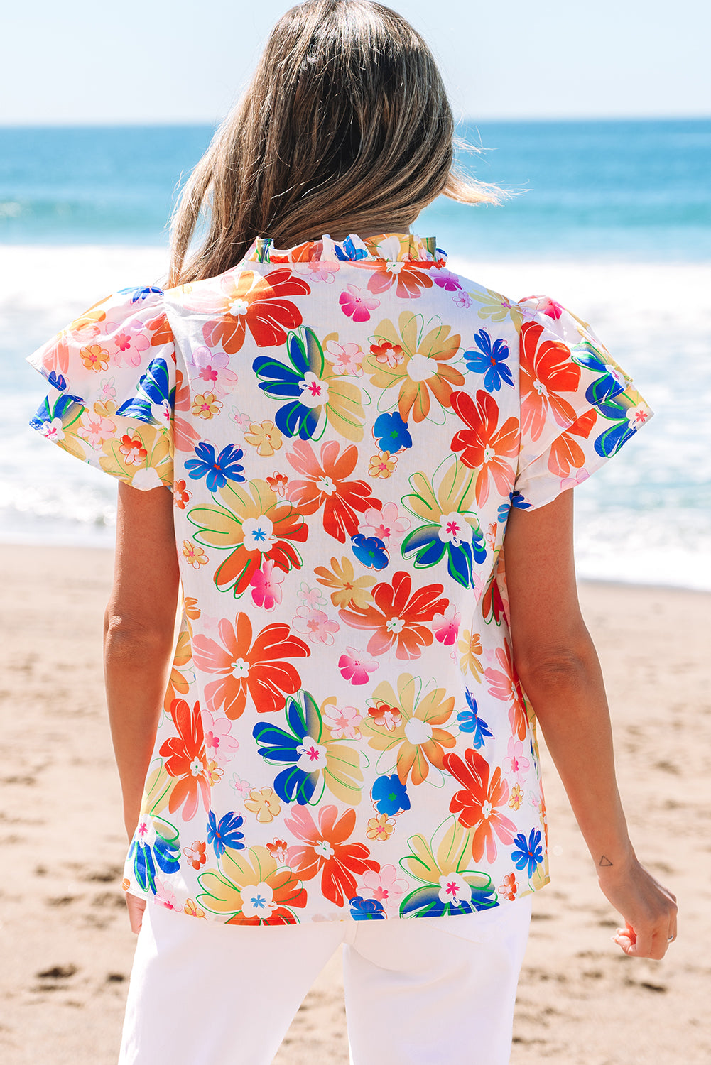 White Floral Bouquet Flutter Top