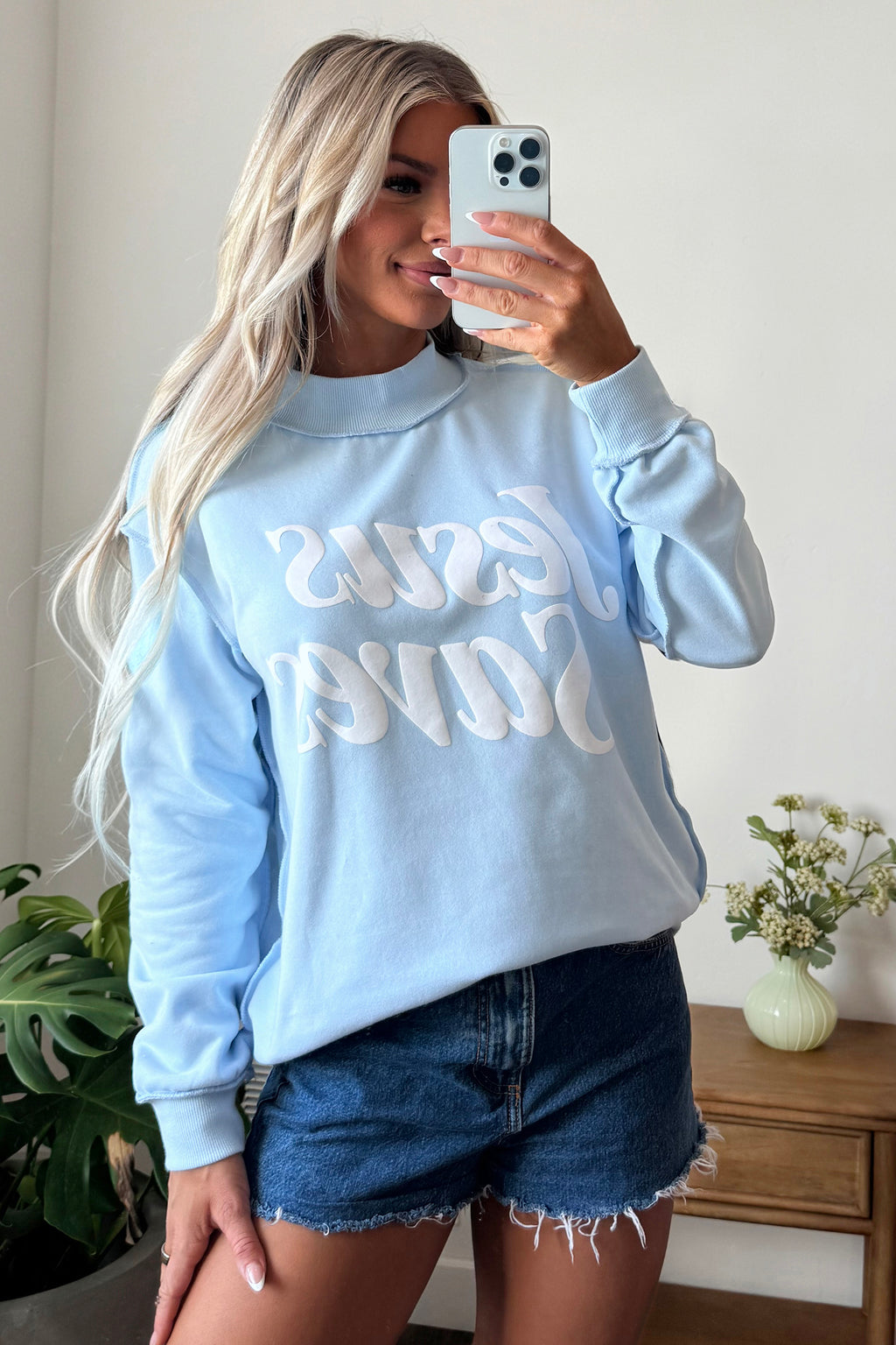 Mist Blue Jesus Saves Slogan Print Stand Neck Baggy Sweatshirt