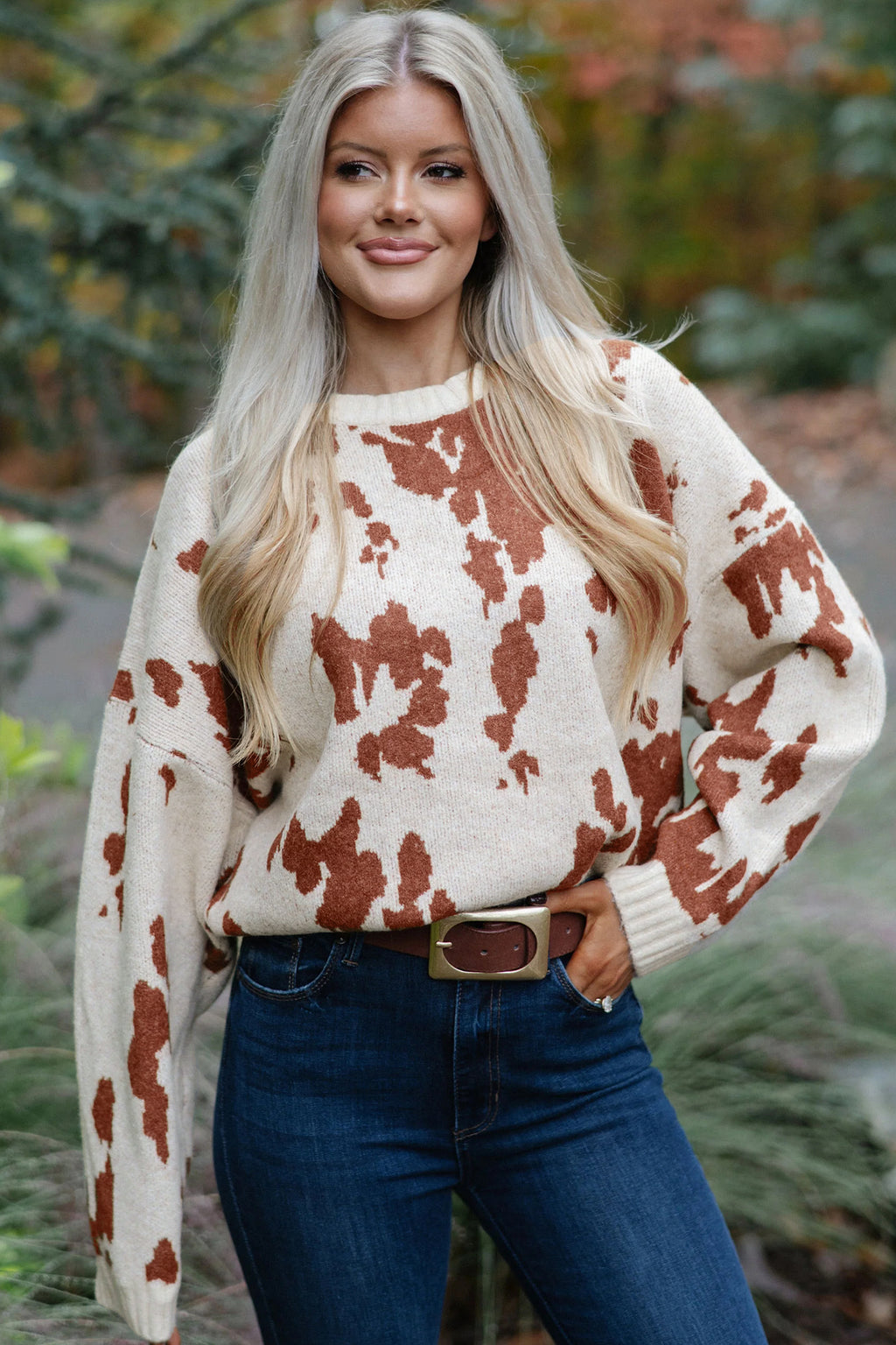 Khaki Abstract Print Drop Shoulder Long Sleeve Round Neck Sweater