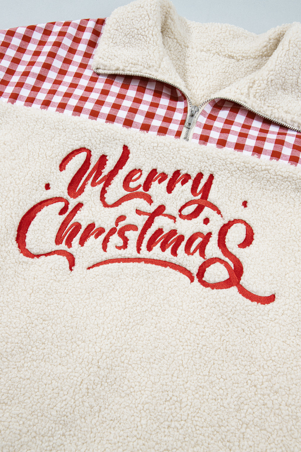 White Plush Plaid Patchwork Merry Christmas Baggy Sweatshirt