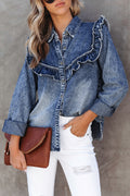 Dusk Blue Vintage Wash Denim Ruffle Detail Button Down Shirt