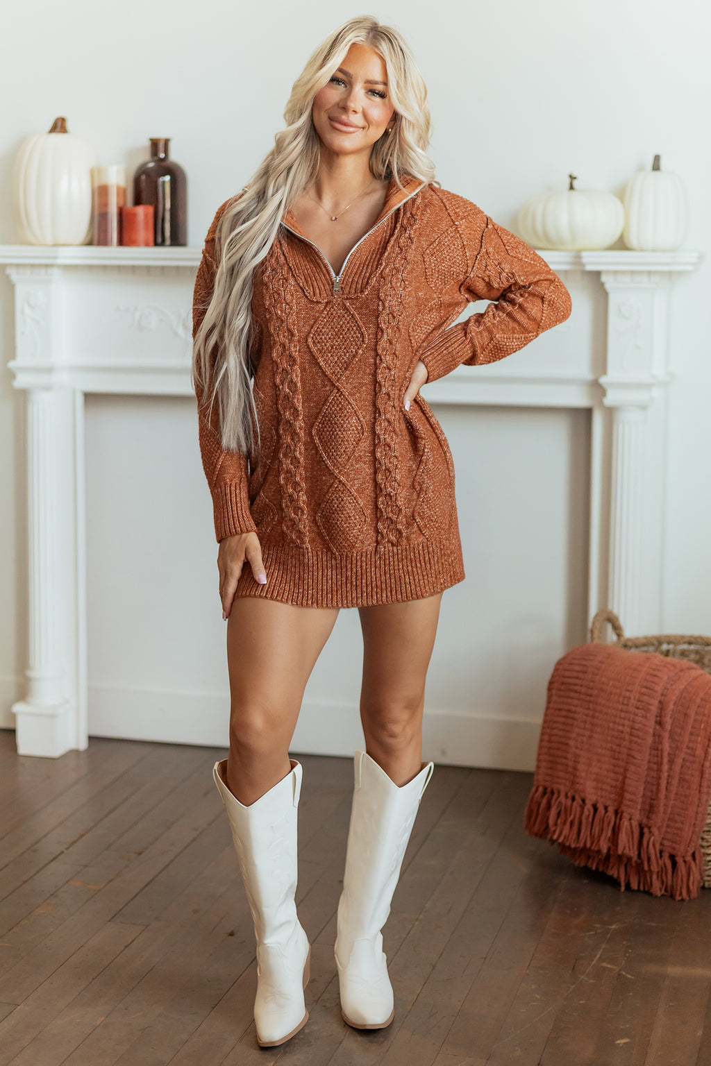 Clay Zip-Up Cable Knit Drop Shoulder Sweater Dress