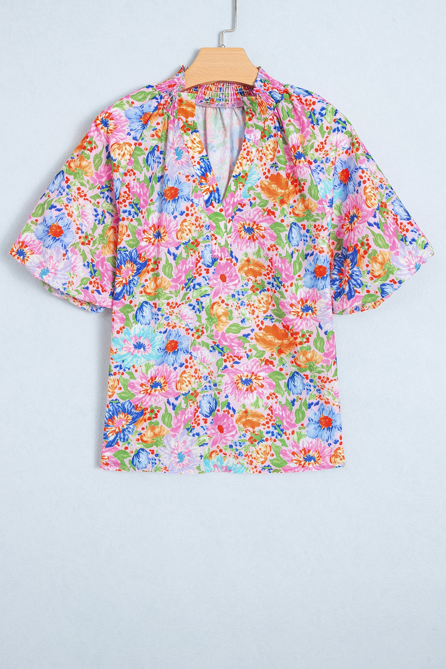 Pink Floral Print V Neck Short Sleeve Shift Blouse