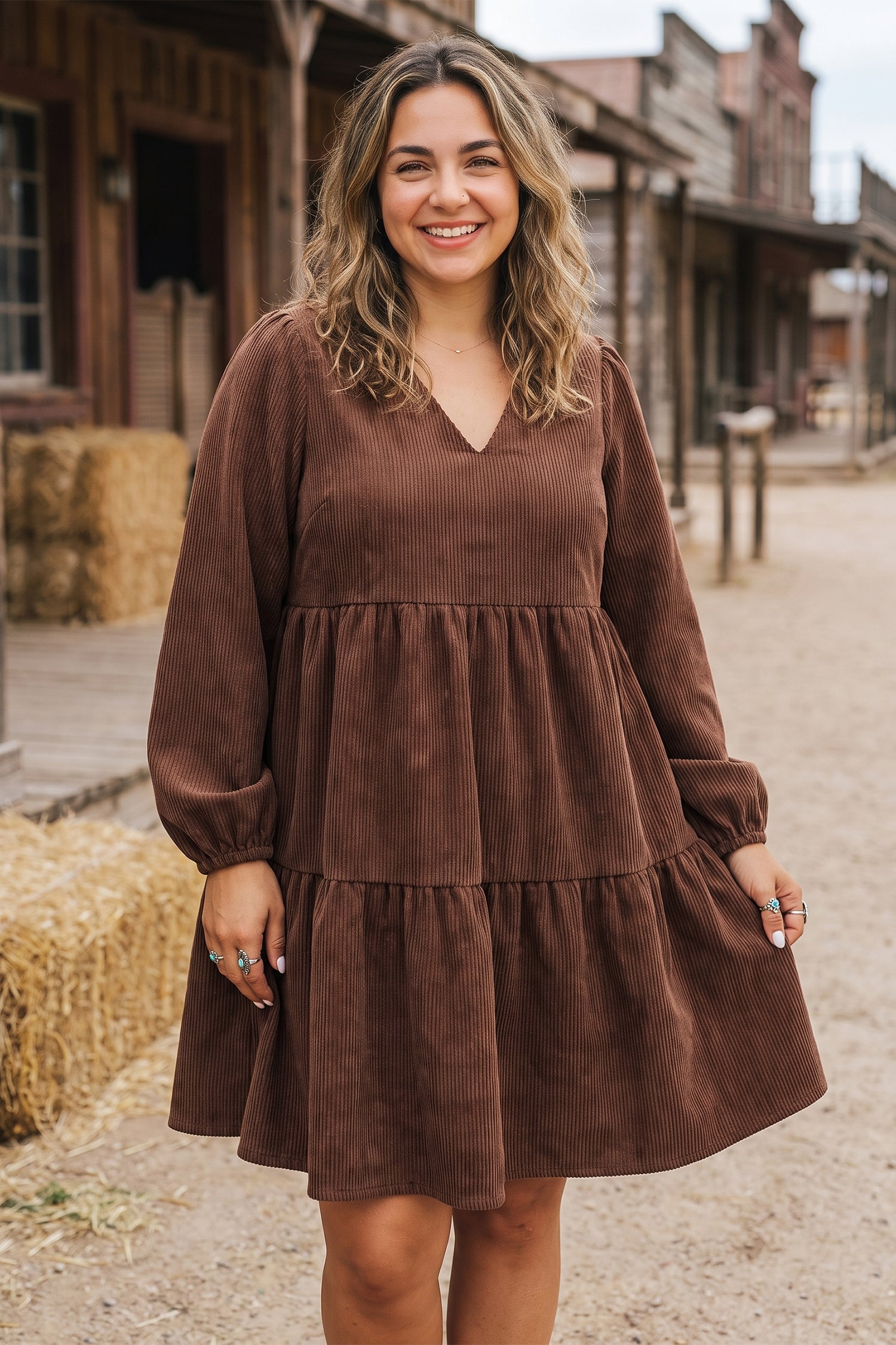 Coffee Winter Corduroy V Neck Long Sleeve Plus Size Mini Dress