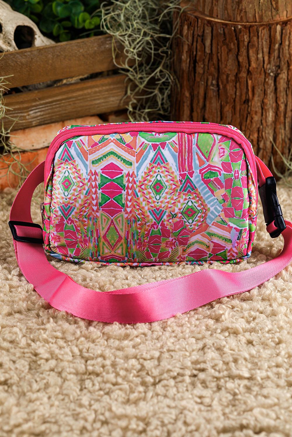Rose Red Western Print Buckle Wide Belt Chest Bag