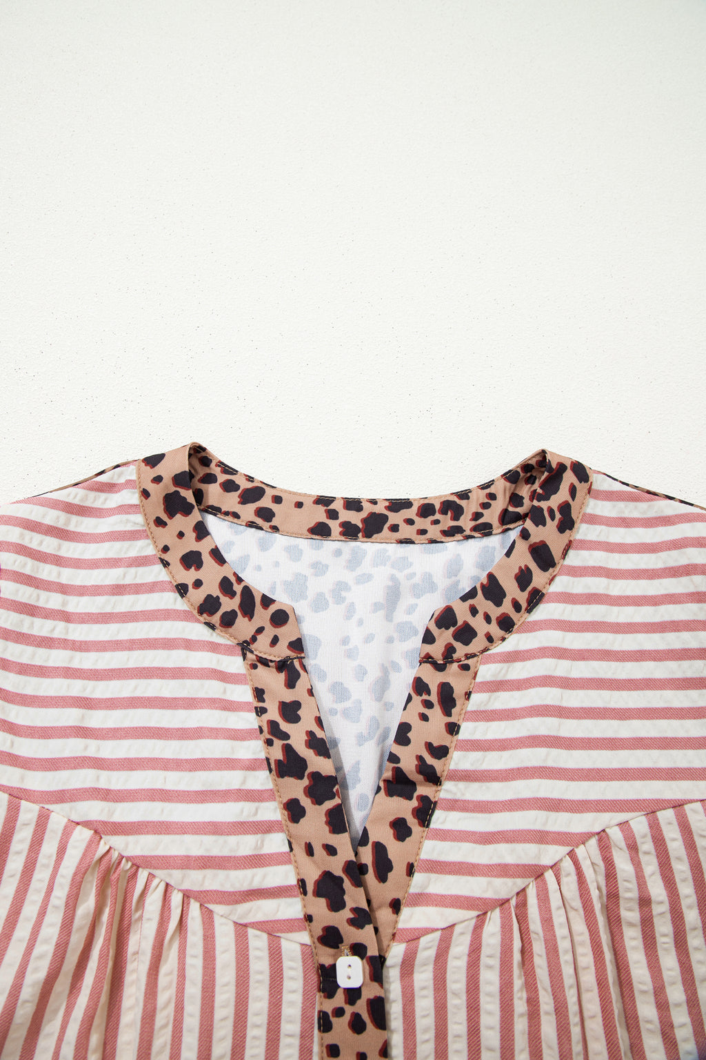 Pink Stripe Square Button Leopard Trim Loose Bracelet Sleeve Shirt Dress