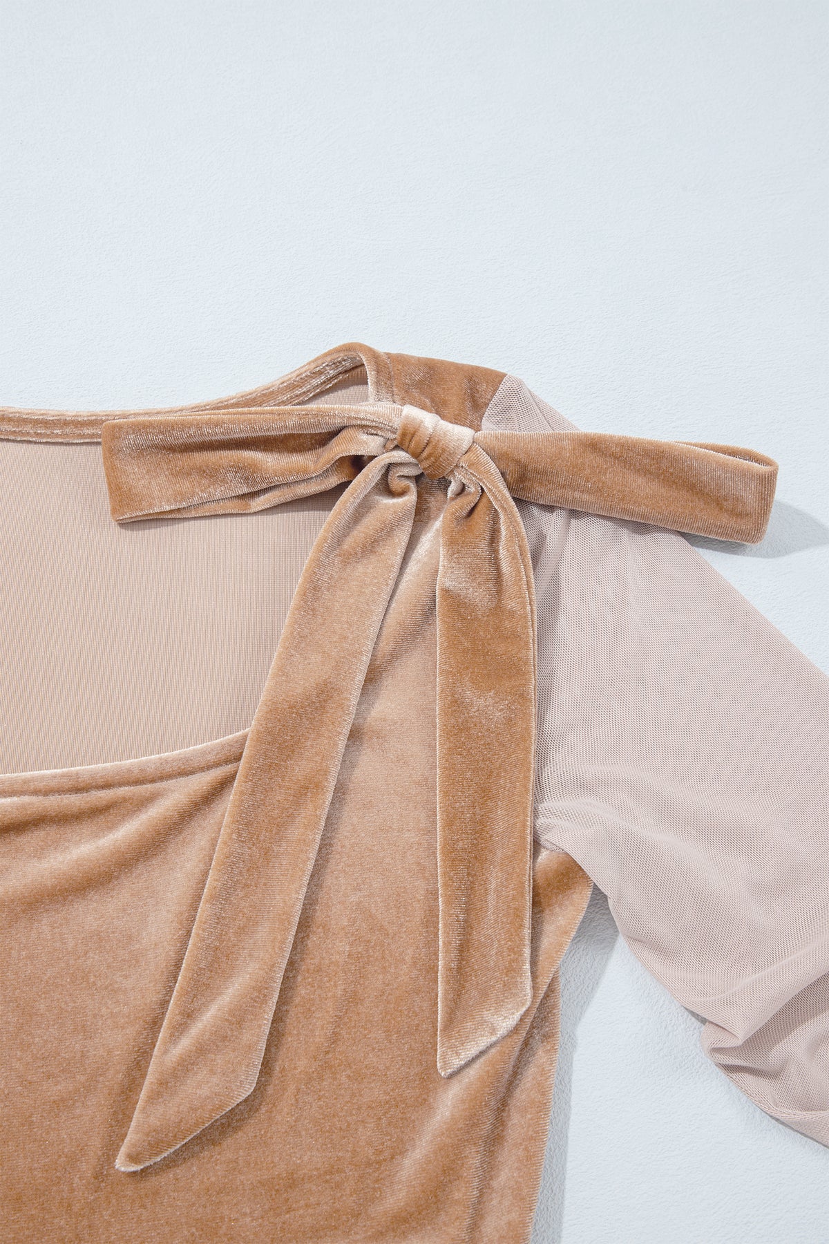 Light French Beige Solid Color Velvet Knot Square Neck Sheer Long Sleeve Bodysuit