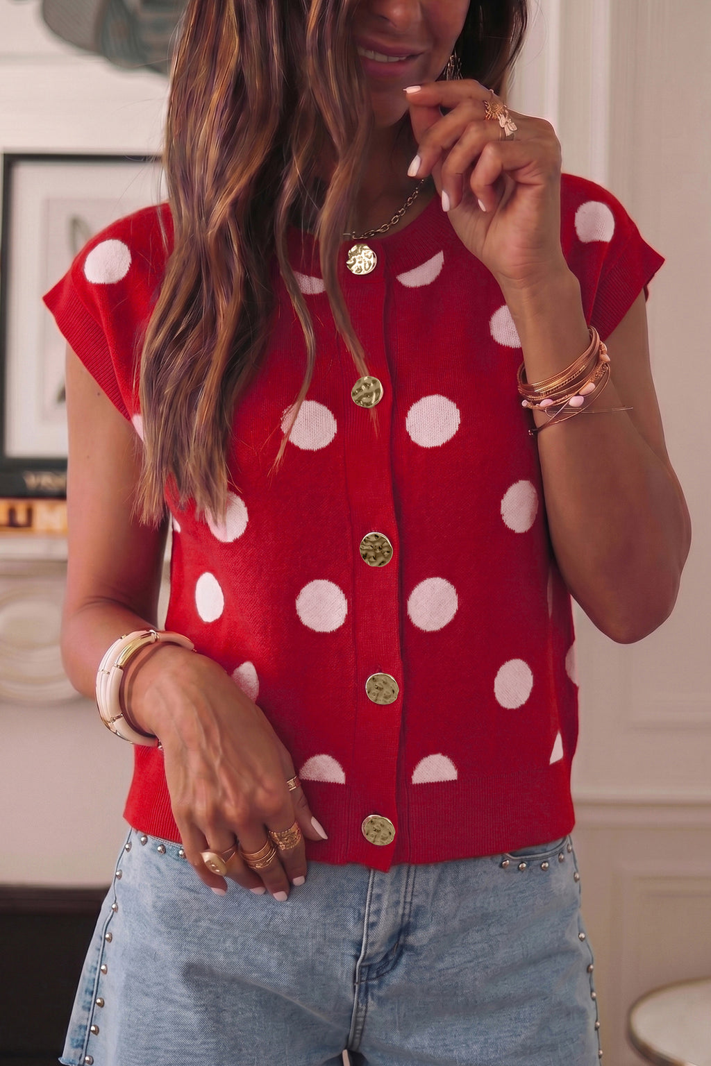 Red Relaxed Polka Dot Print Decorated Button Sweater Vest