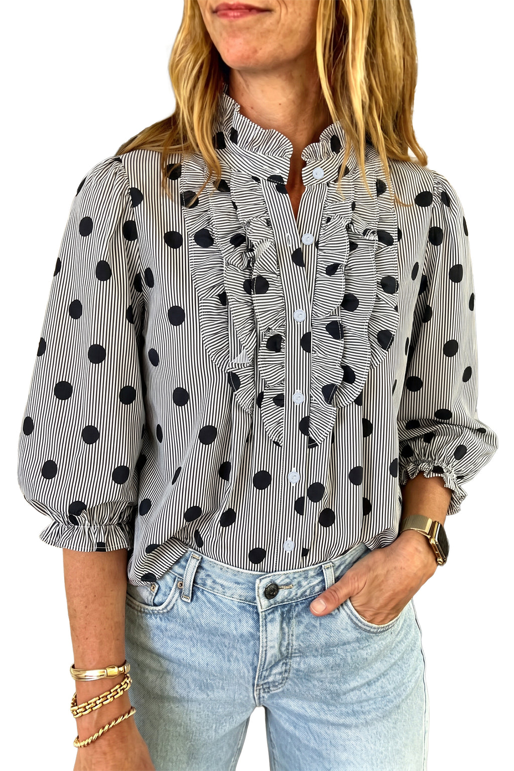 Black white Polka Dot Striped Print Ruffle Stand Neck 3/4 Sleeve Shift Shirt