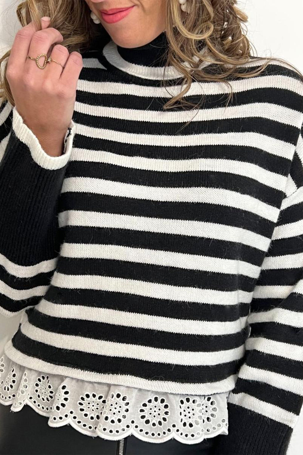 Black Striped High Neck Contrast Ruffle Detail Casual Sweater