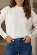 White Solid Color Ribbed Knit Mock Neck Loose Short Sleeve Sweater