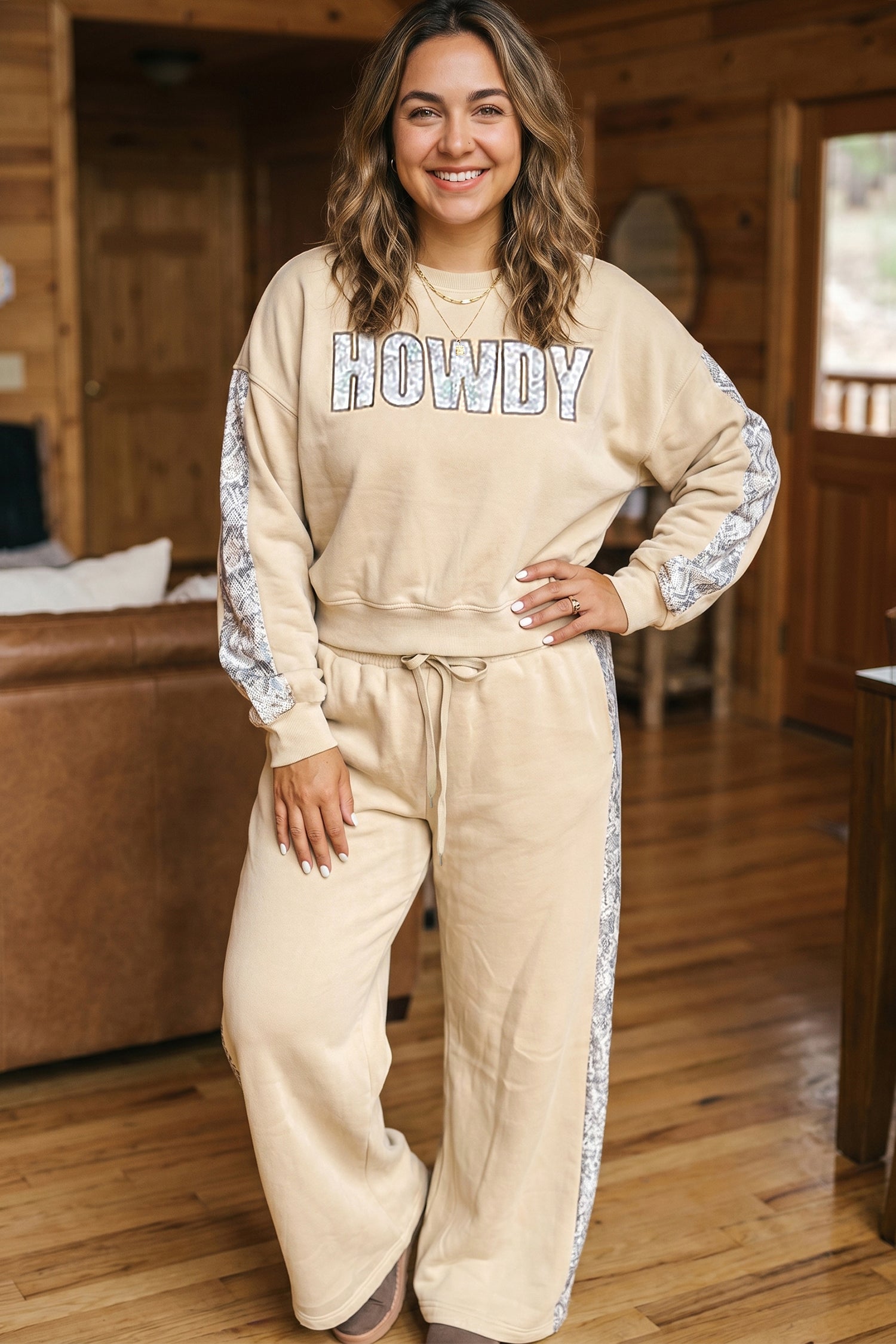 Parchment HOWDY Letter Print Colorblock Side Stripe Long Sleeve Plus Size Set
