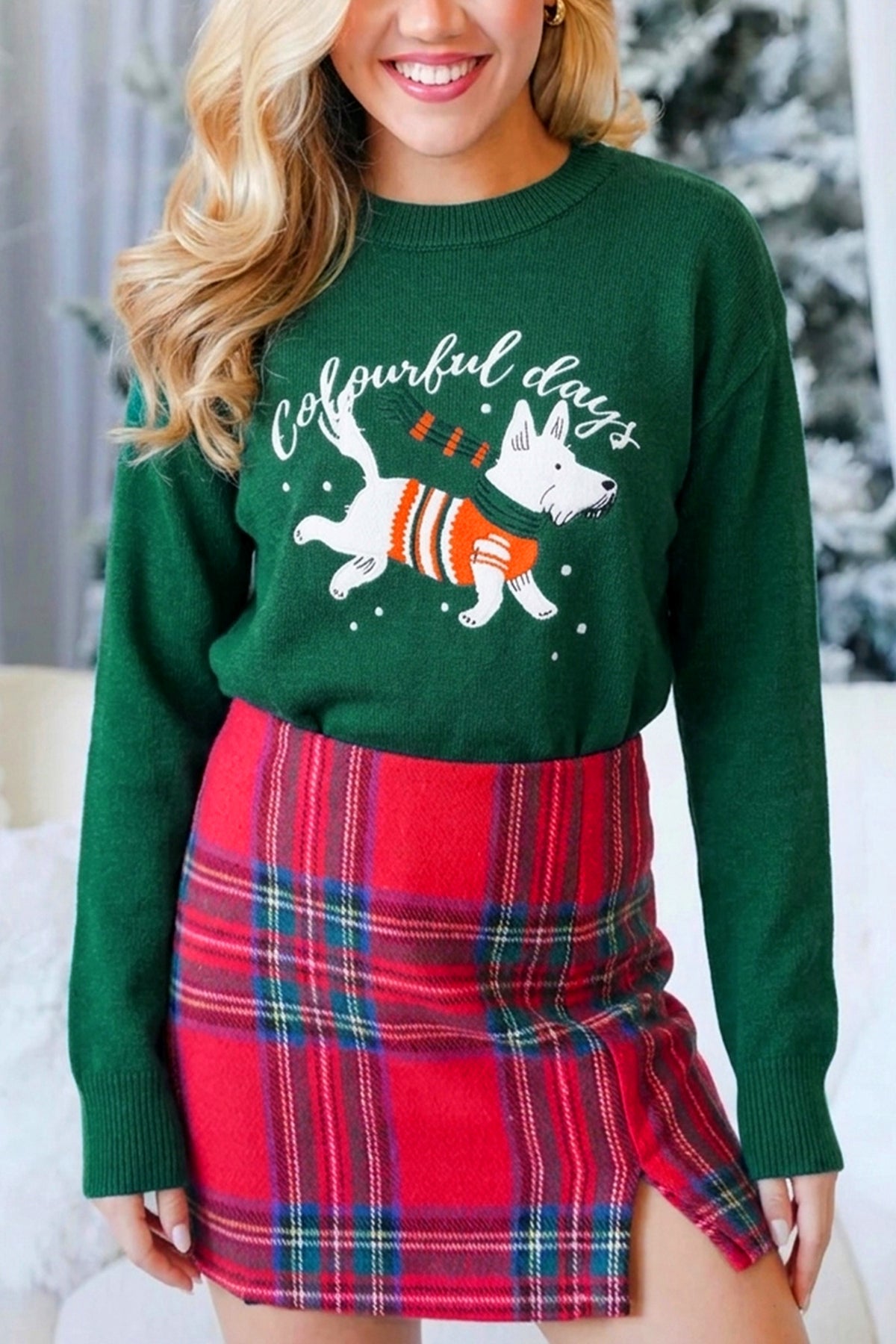 Blackish Green Abstract Dog Embroidery Christmas Fashion Round Neck Sweater