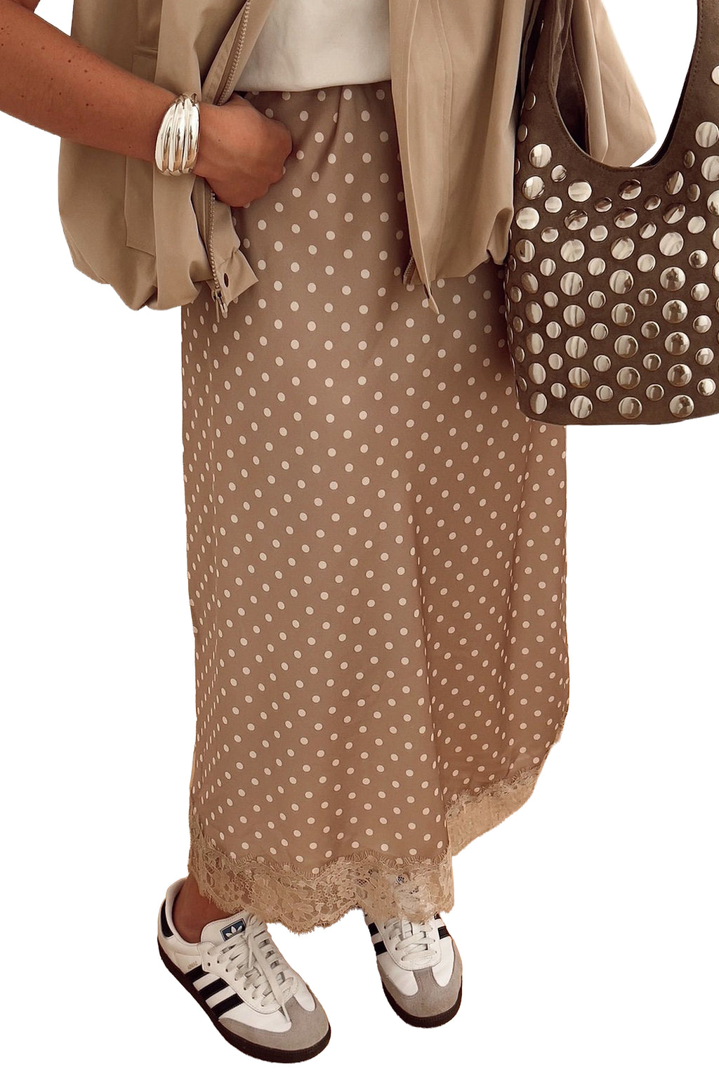Brown Polka Dot Lace Hem Elegant Long Shift Skirt