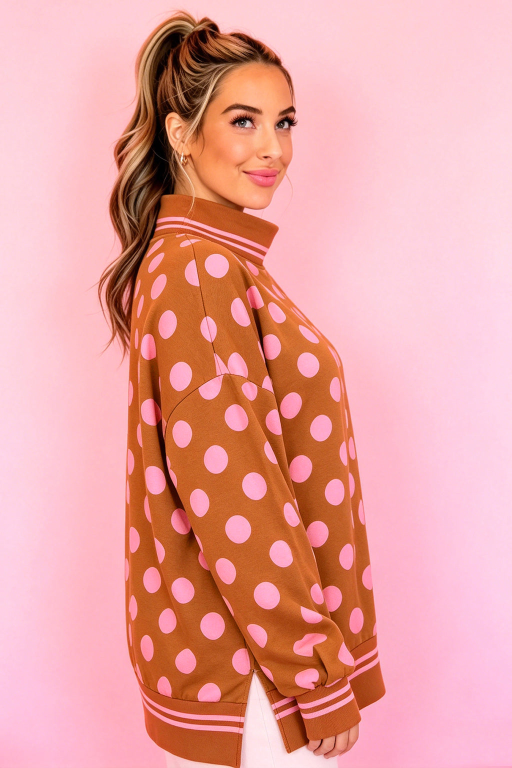 Rose Polka Dot Striped Trim Mock Neck Sweatshirt