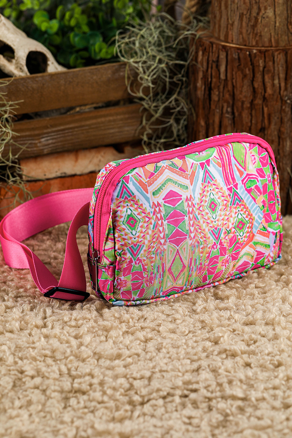 Rose Red Western Print Buckle Wide Belt Chest Bag