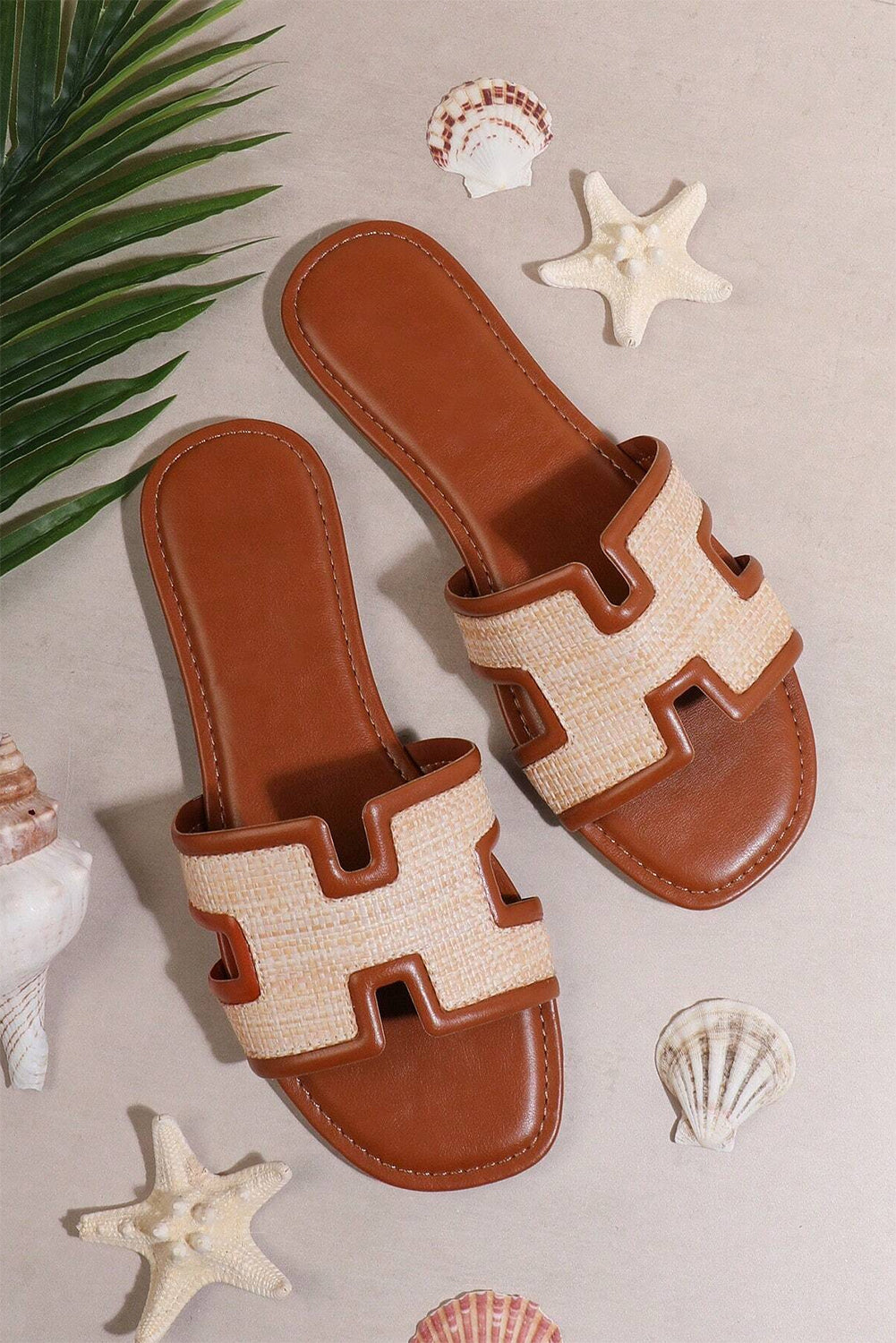 White Faux Raffia Detail Hollowed Open Toe Slippers