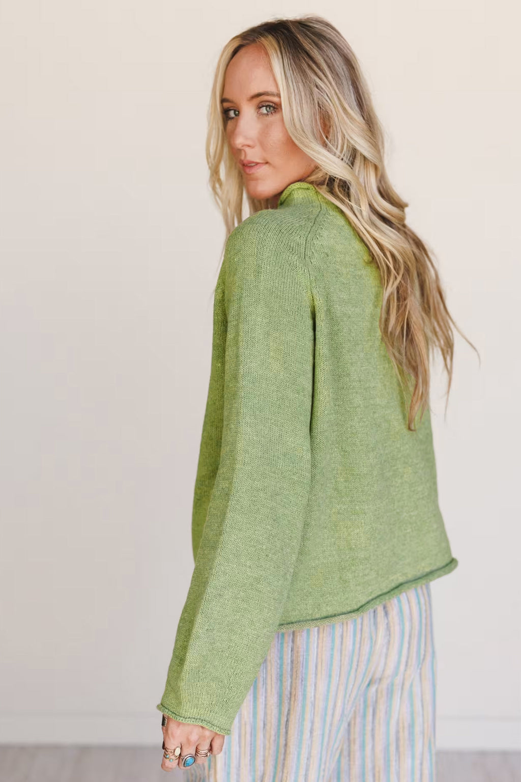 Meadow Mist Green Unique Fish Knit Oversized Round Neck Sweater