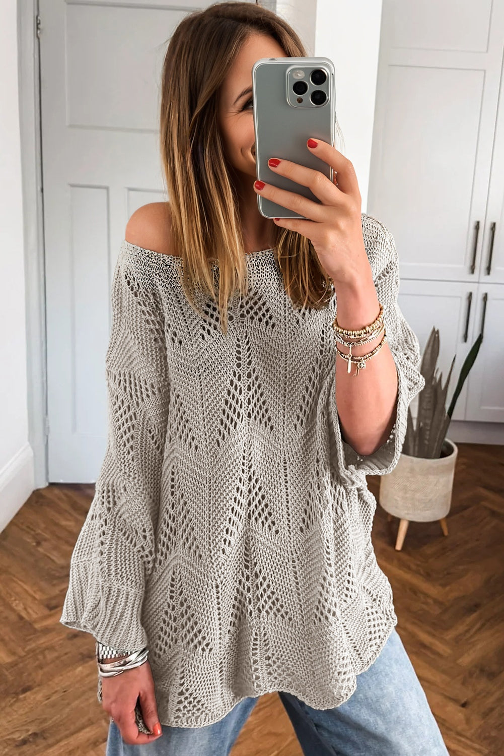 Seagrass Hollow Out Knit 7/8 Sleeve Casual Sweater