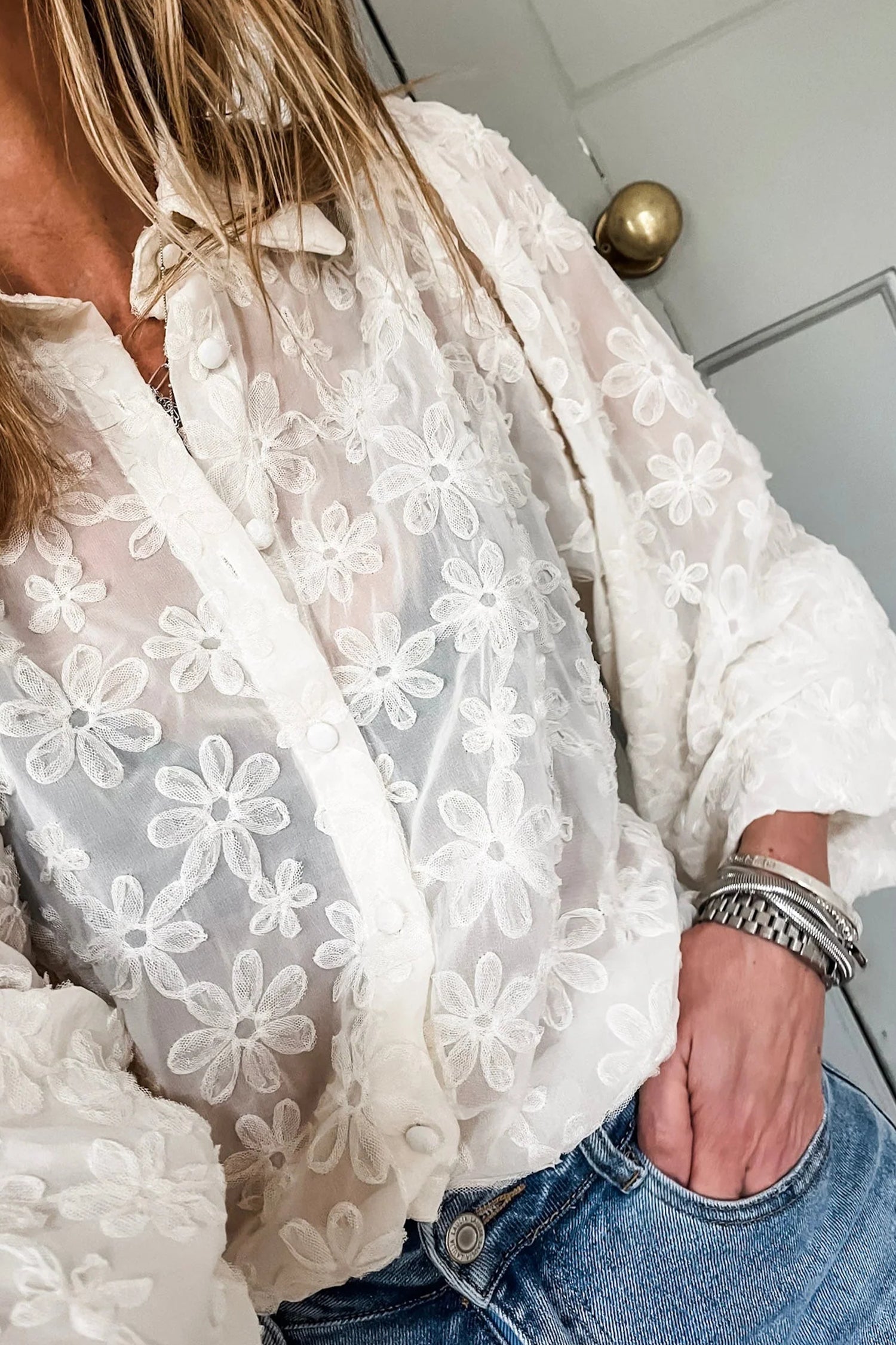Beige Sheer Jacquard Floral Button-Down Long Sleeve Shirt