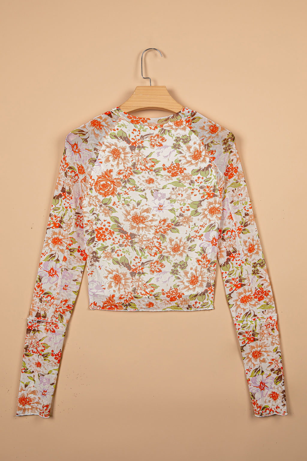 Multicolour Floral Print Mesh Thumbhole Long Sleeve Slim Top