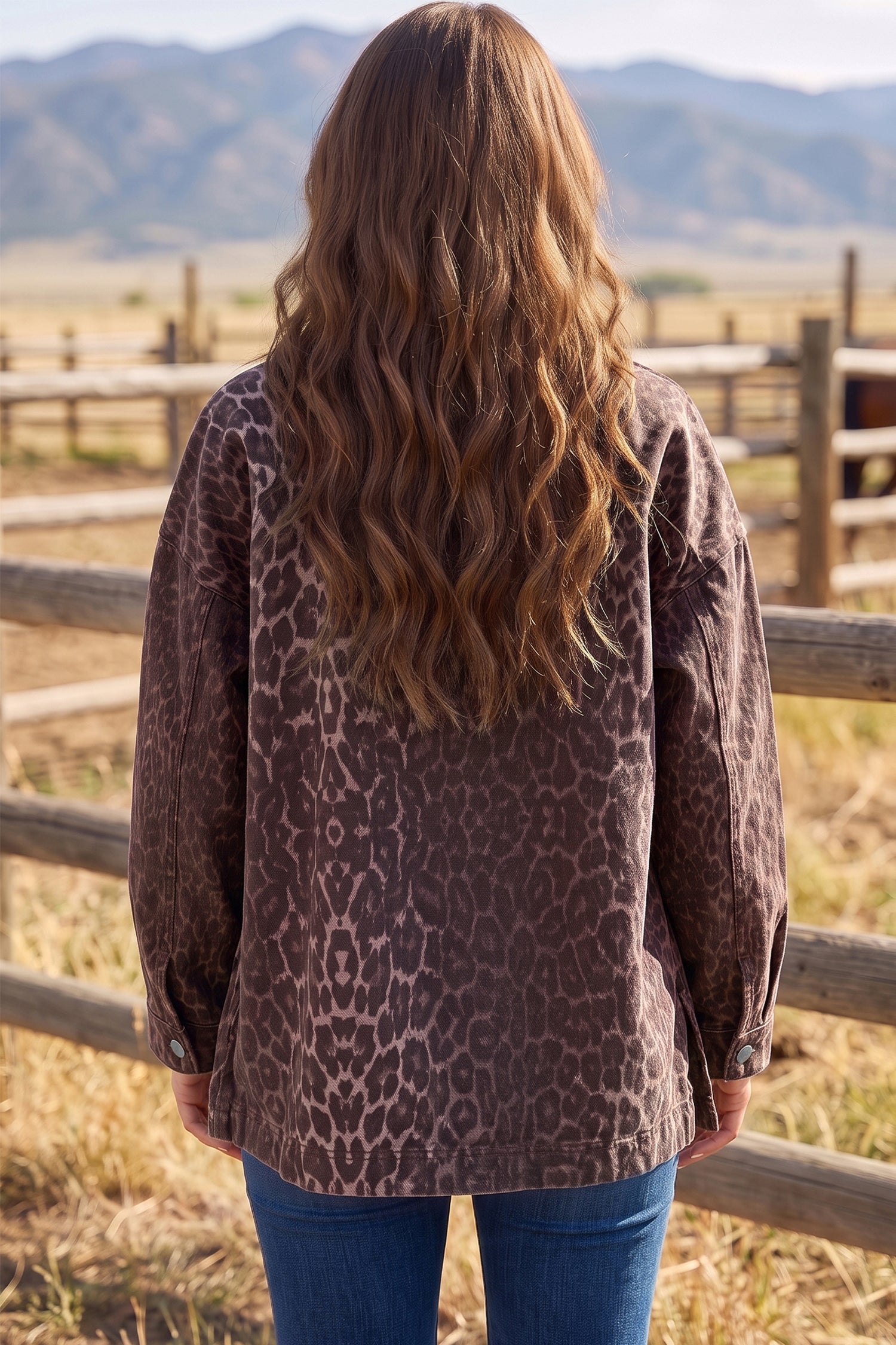 Khaki Oversized Leopard Print Long Sleeve Patch Pocket Denim Jacket
