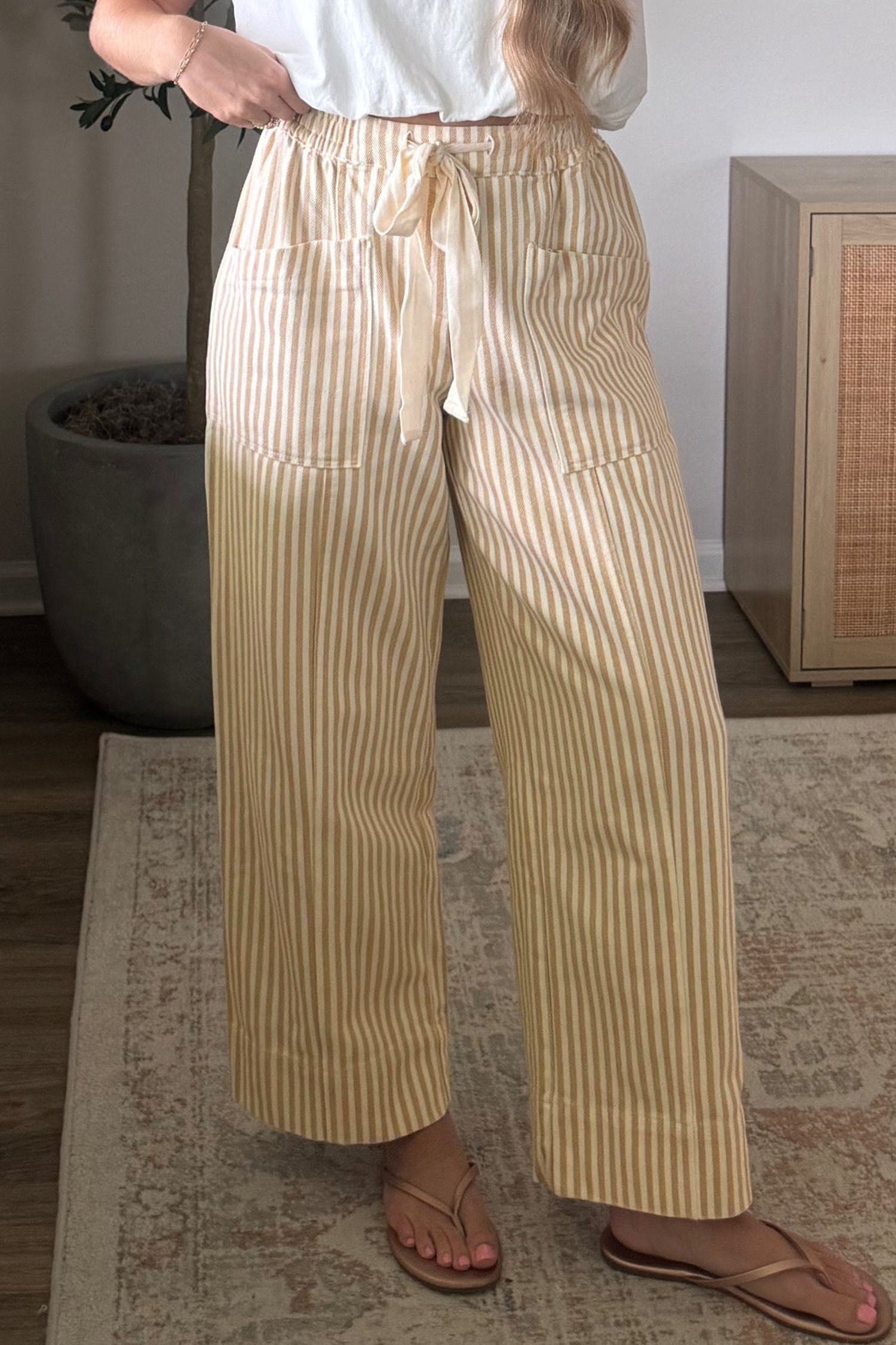Apricot Stripe Ribbon Drawstring Waist Full-Length Shift Pant