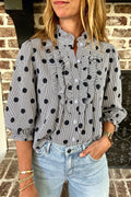 Black white Polka Dot Striped Print Ruffle Stand Neck 3/4 Sleeve Shift Shirt