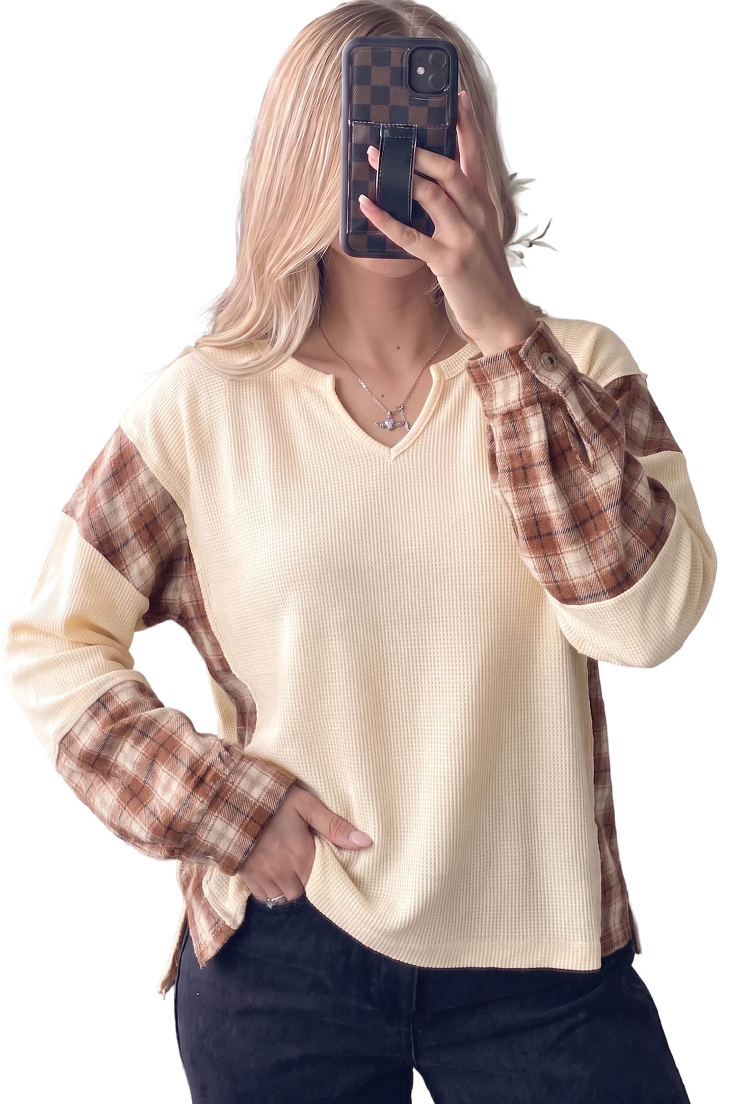 Beige Waffle Textured V Neck Plaid Colorblock Drop Shoulder Long Sleeve Top